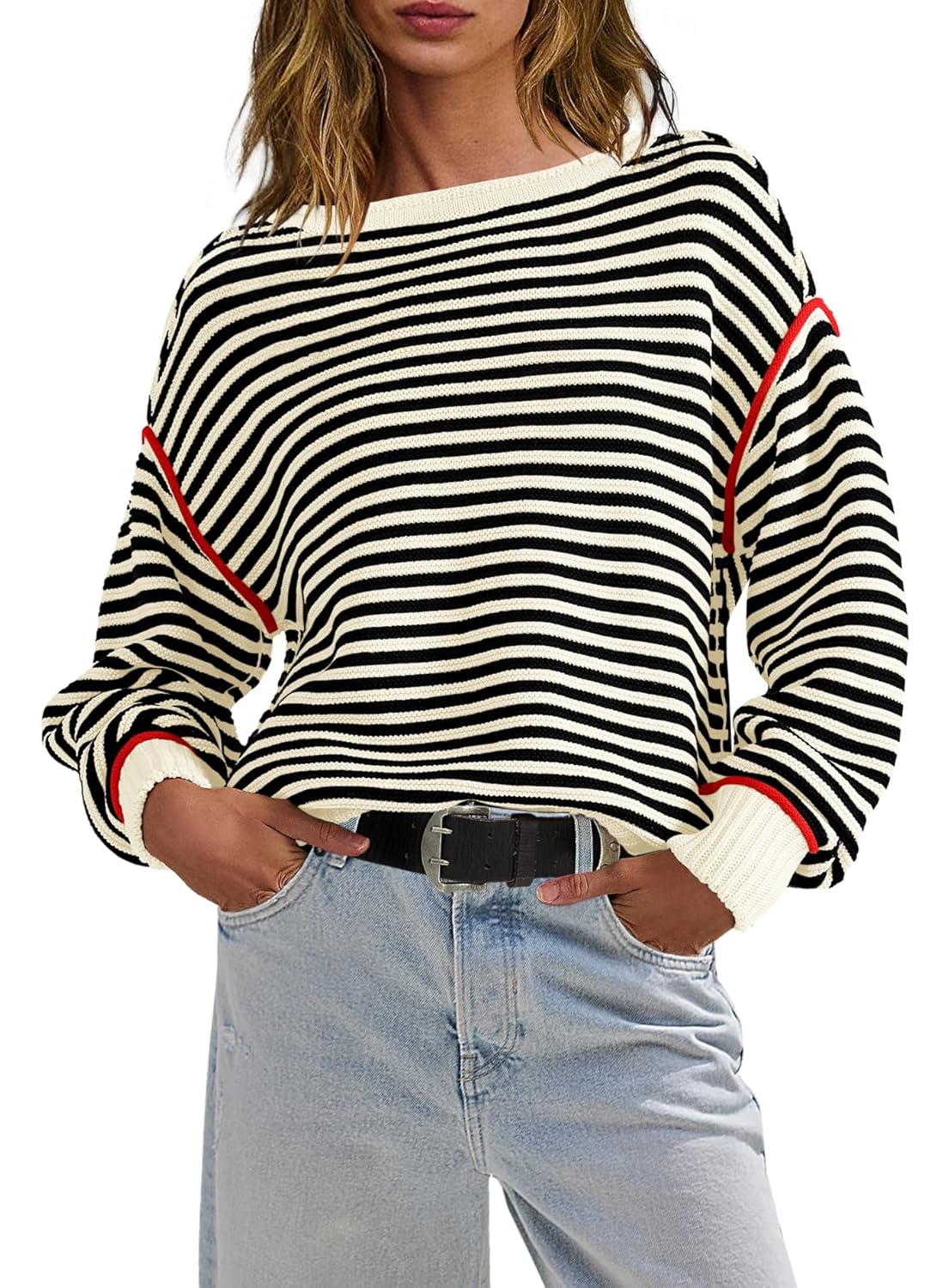 Panadila Womens Striped Oversized Sweater Fall Chunky Long Sleeve Pullover Sweaters Cable Knit Color Block Sweater Tops