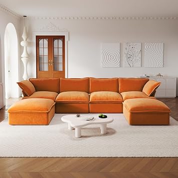 Modular Sectional Sofa Couches, 162.98" Velvet U-Shape Sofa with Ottomans, Orange Sofa Couch for Living Room, Office, Salon, Orange
