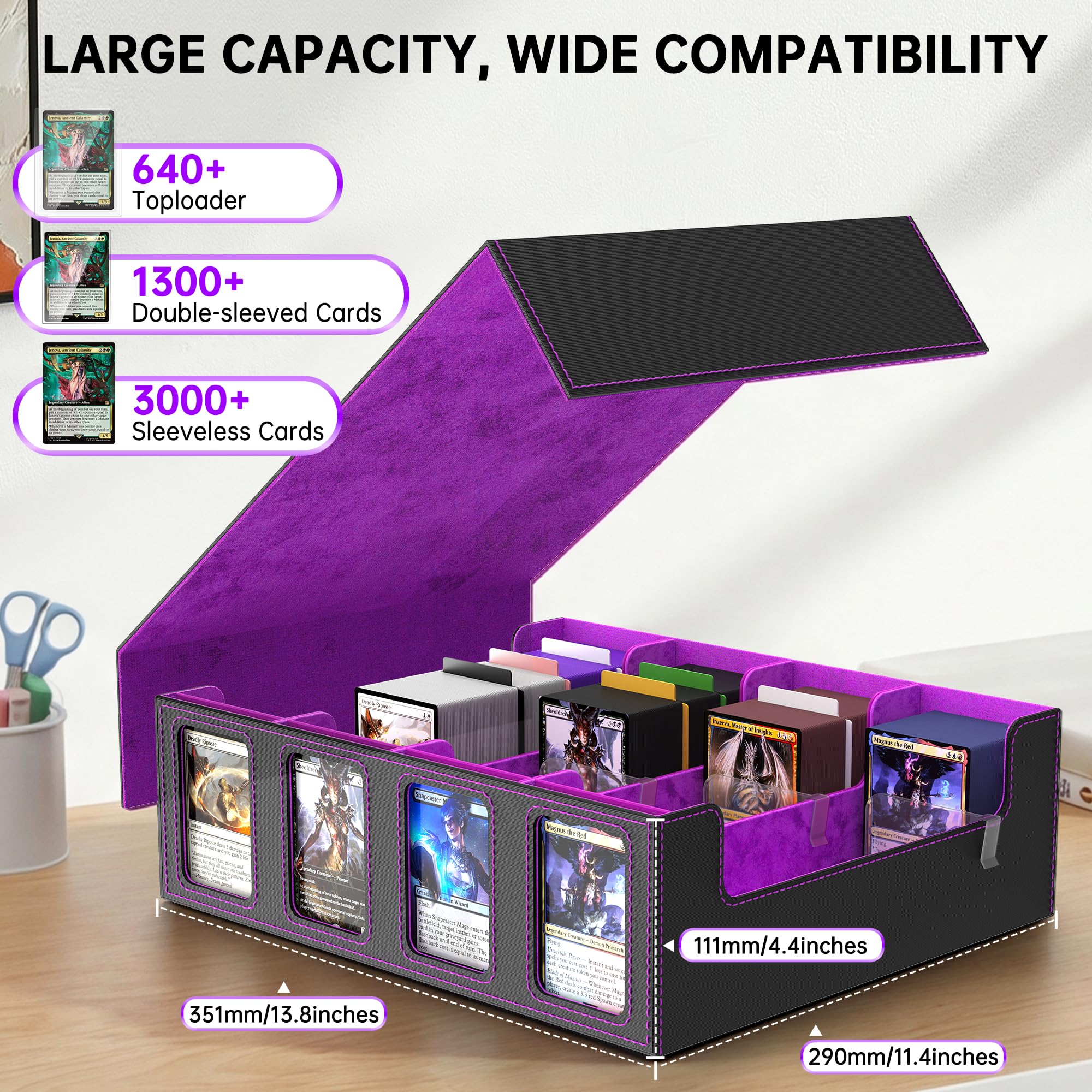 Scatola di conservazione per carte da collezione, Commander Deck Box per oltre 2400+ carte MTG, porta carte per TCG e PTCG con custodia rimovibile, 4 fermagli e 12 divisori (viola)