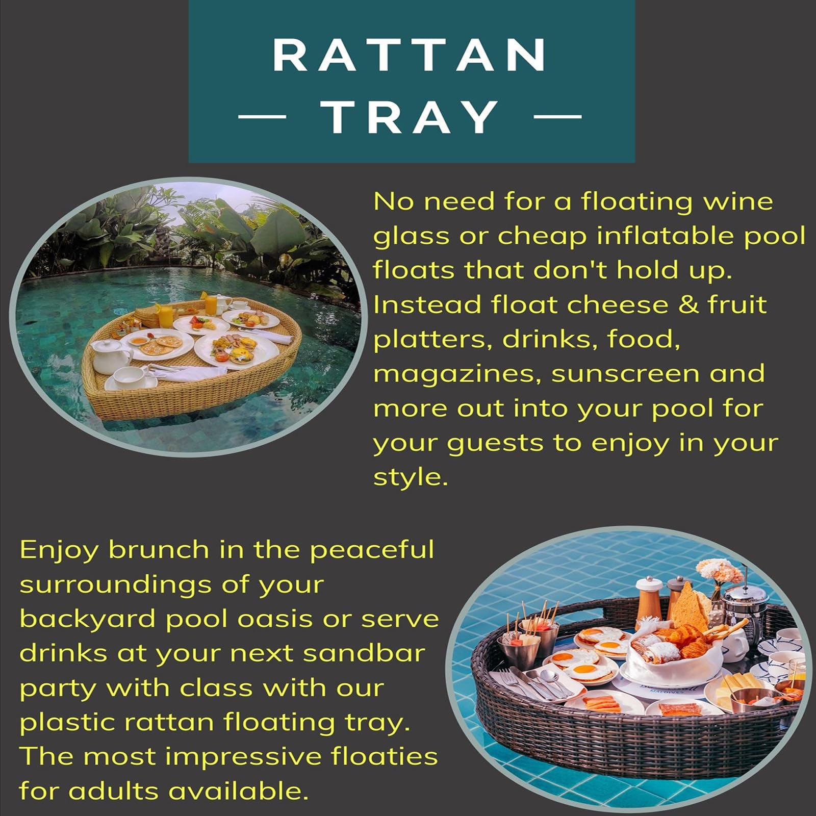Plateau Flottant Plateau de Piscine Flottant en Ratten en Bois Plateau de Service de Nourriture de Petit-déjeuner élégant sur l'eau pour la fête à la Piscine, Marron