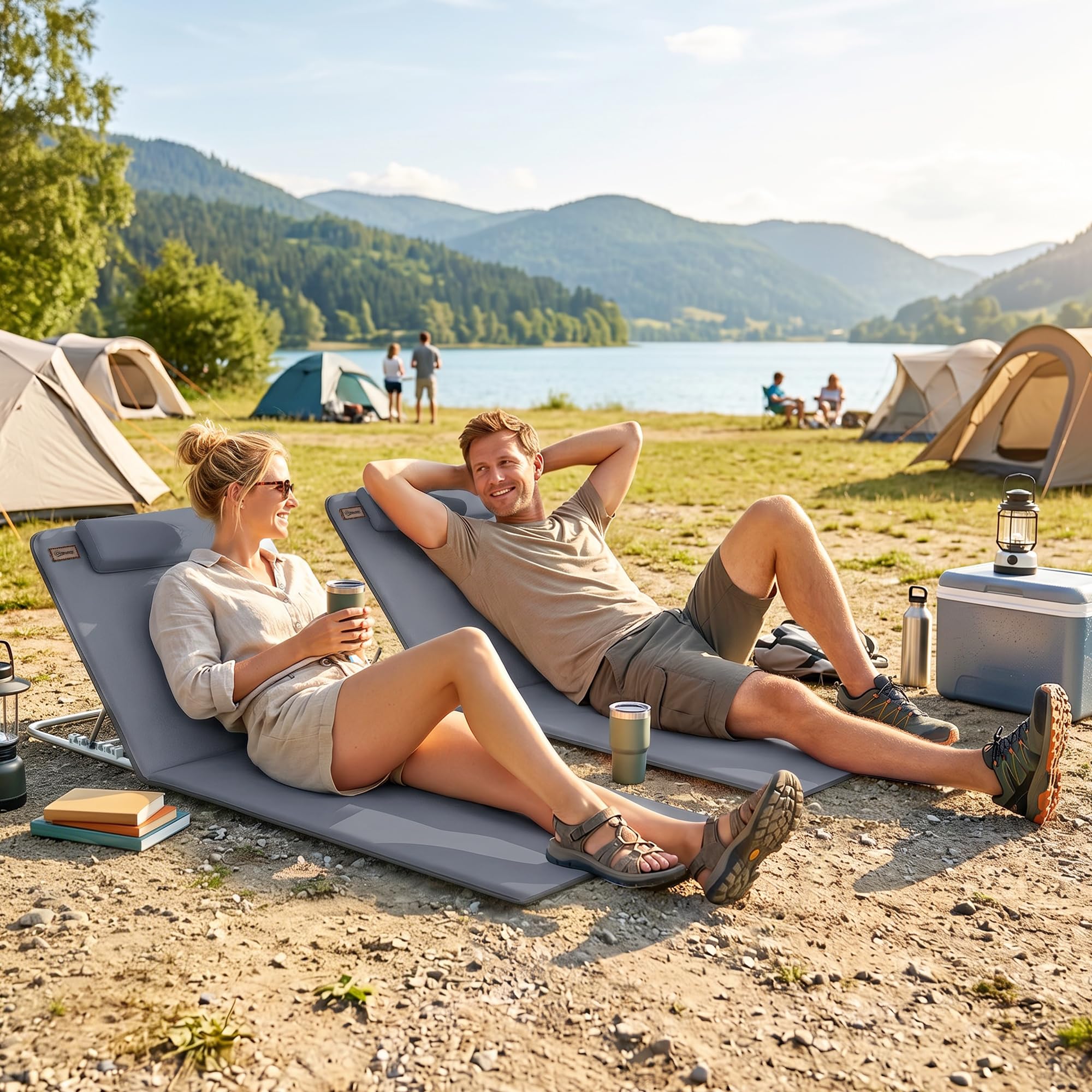 Outsunny Conjunto de 2 Esterillas de Playa Plegables, Esterillas con Respaldo Reclinable en 5 Niveles, Reposacabezas y Bolsa de Transporte, 134x48x33-43 cm, Gris
