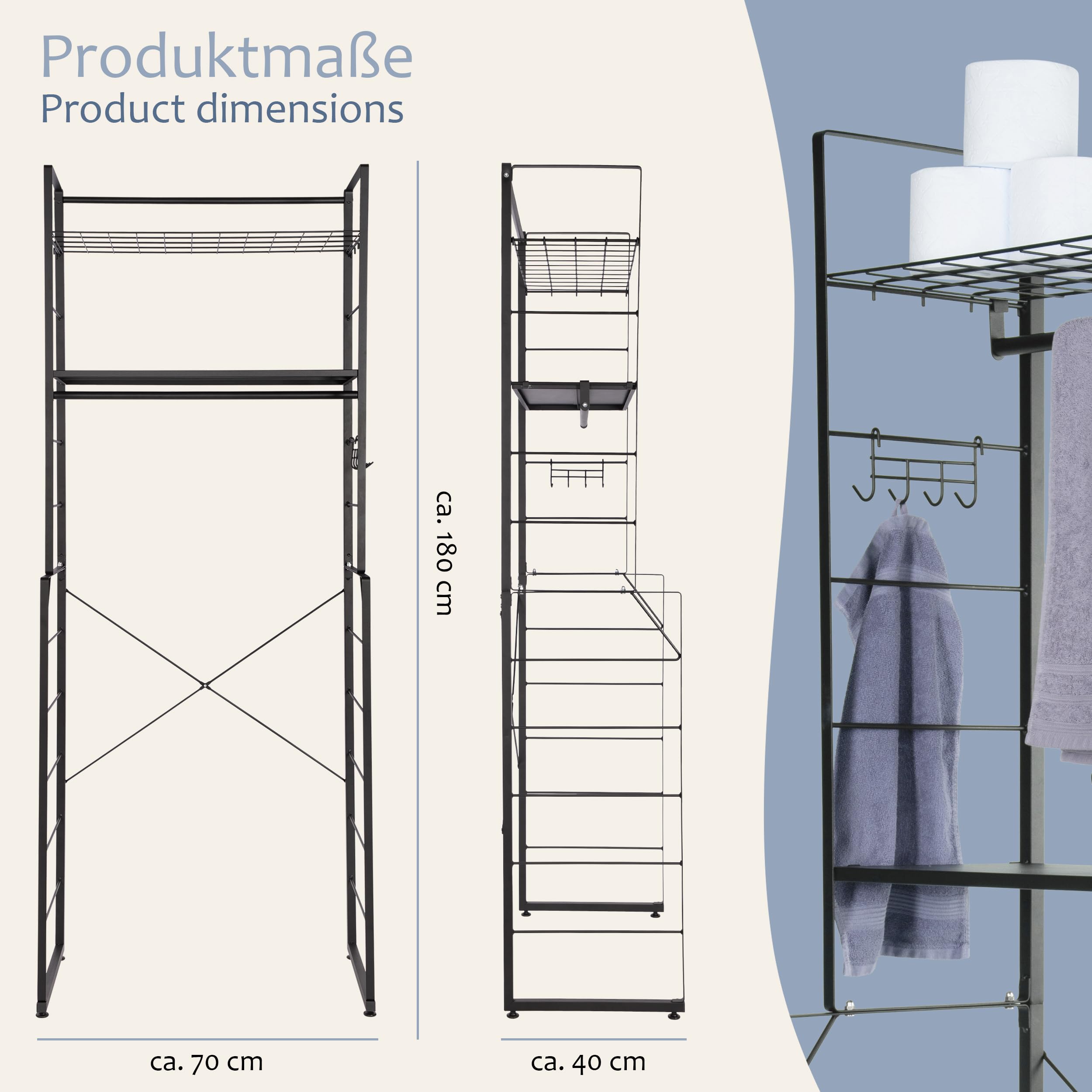 ONVAYA® Waschmaschinenregal ǀ schwarz ǀ mit Kleiderstange und 4 Haken ǀ ideal über Waschmaschine, Trockner oder WC ǀ Toilettenregal aus Metall