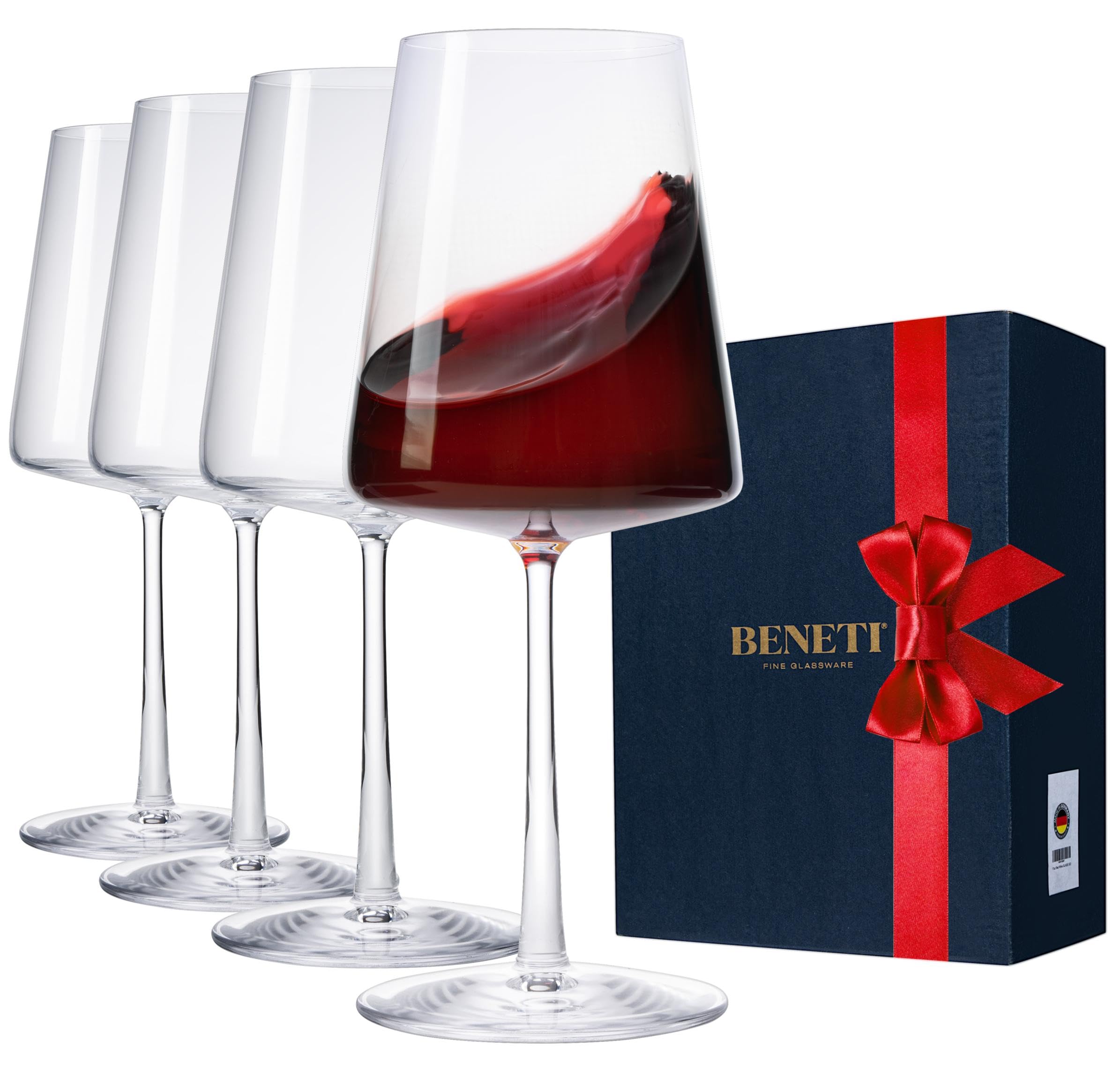 BENETI Wine Glasses Set of 4 | 17oz Handmade Luxury Crystal Red & White Long Stem Glass | Unique Modern Shape, Packaged In Beautiful Gift Box