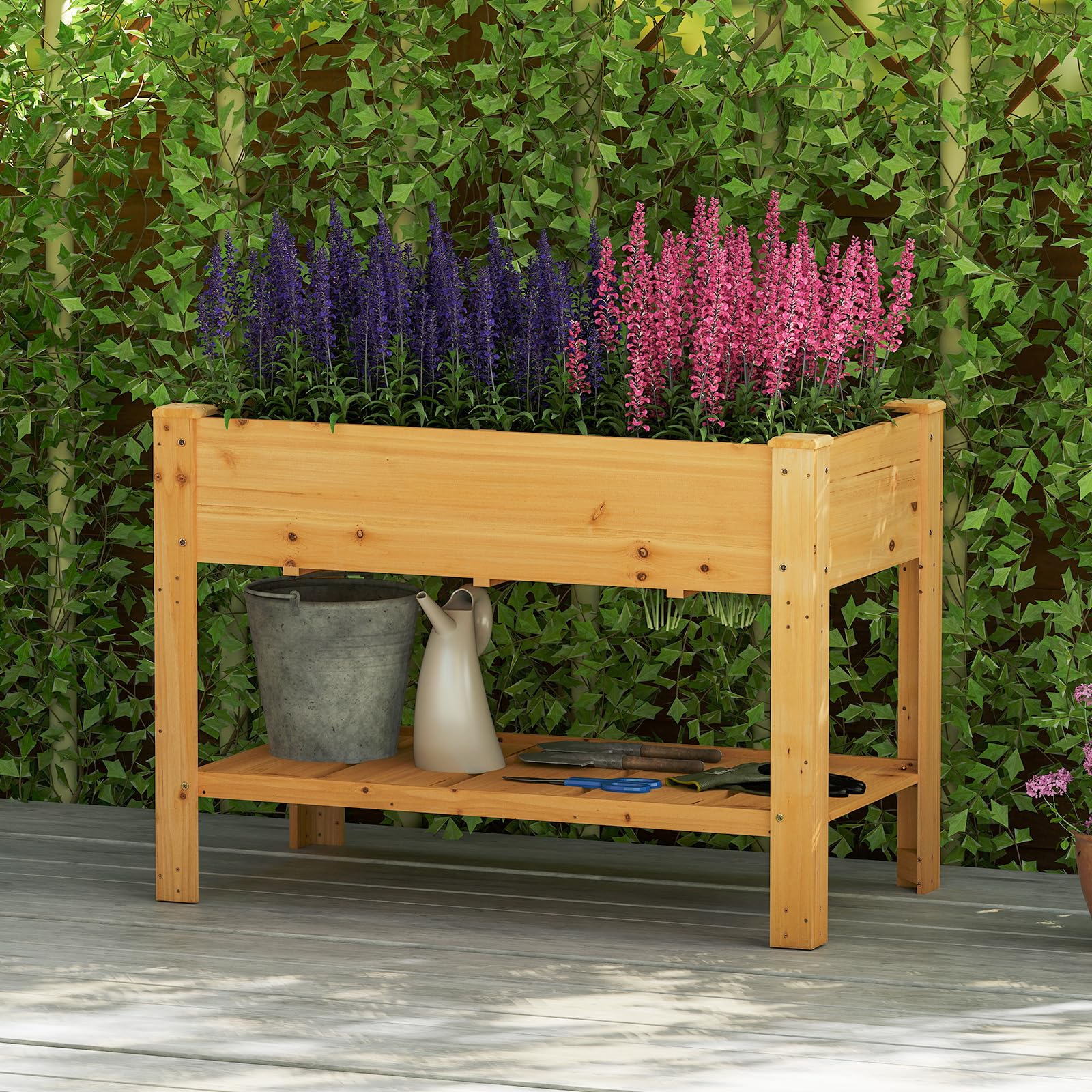 COSTWAY Cama de Jardín Elevada de Madera, Jardinera Elevada con Estante, Drenaje, Contenedor para Flores, Hierbas, Vegetales, Caja de Plantar para Interiores y Exteriores, 120x60x80 cm (Natural)