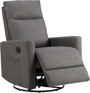 Swivel Recliner Chair, Rocking Chair Nursery, Glider Rocker Recliner, Nursery Chair with Extra Large Footrest for Living Room, High Back, Upholstered Deep Seat (Deep Gray)