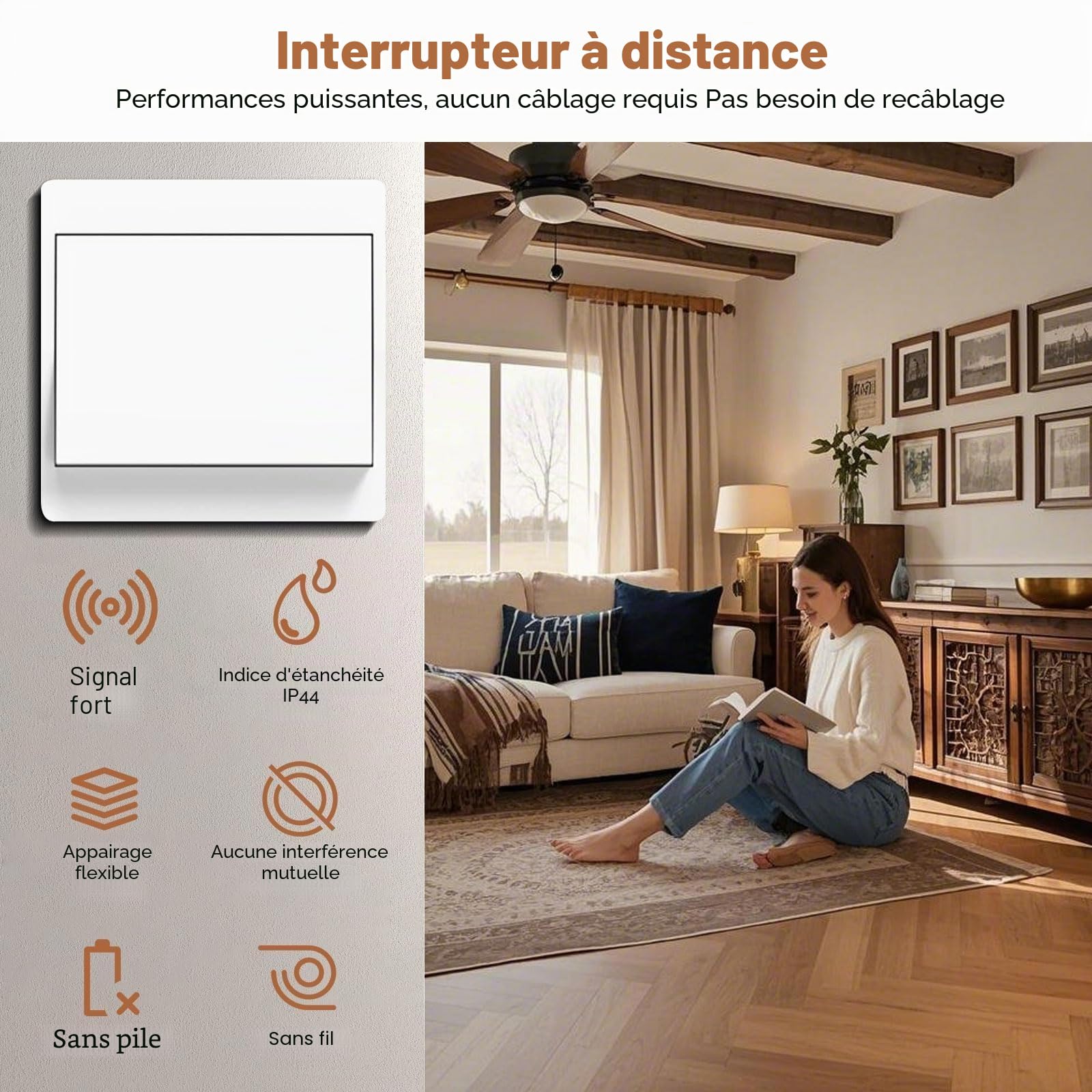 EU Interrupteur Sans Fil 230V, Ensemble D'interrupteurs Autoalimente Va Et Vient Sans Fil – Pas De Piles Nécessaires, Interrupteur Mural Étanche, Contrôlez Votre Lampe À Jusqu'à 200 M À Distance (3V1)
