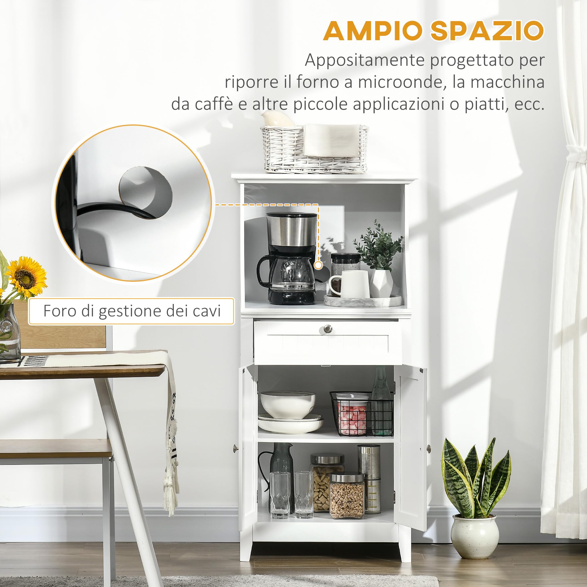 HOMCOM Mobile Cucina per Microonde e Piccoli Elettrodomestici, Mobile da Cucina con Supporto per Forno Microonde, Cassetto e Armadietto 2 Ante con Ripiano Regolabile, 60x40x122.5 cm, Bianco