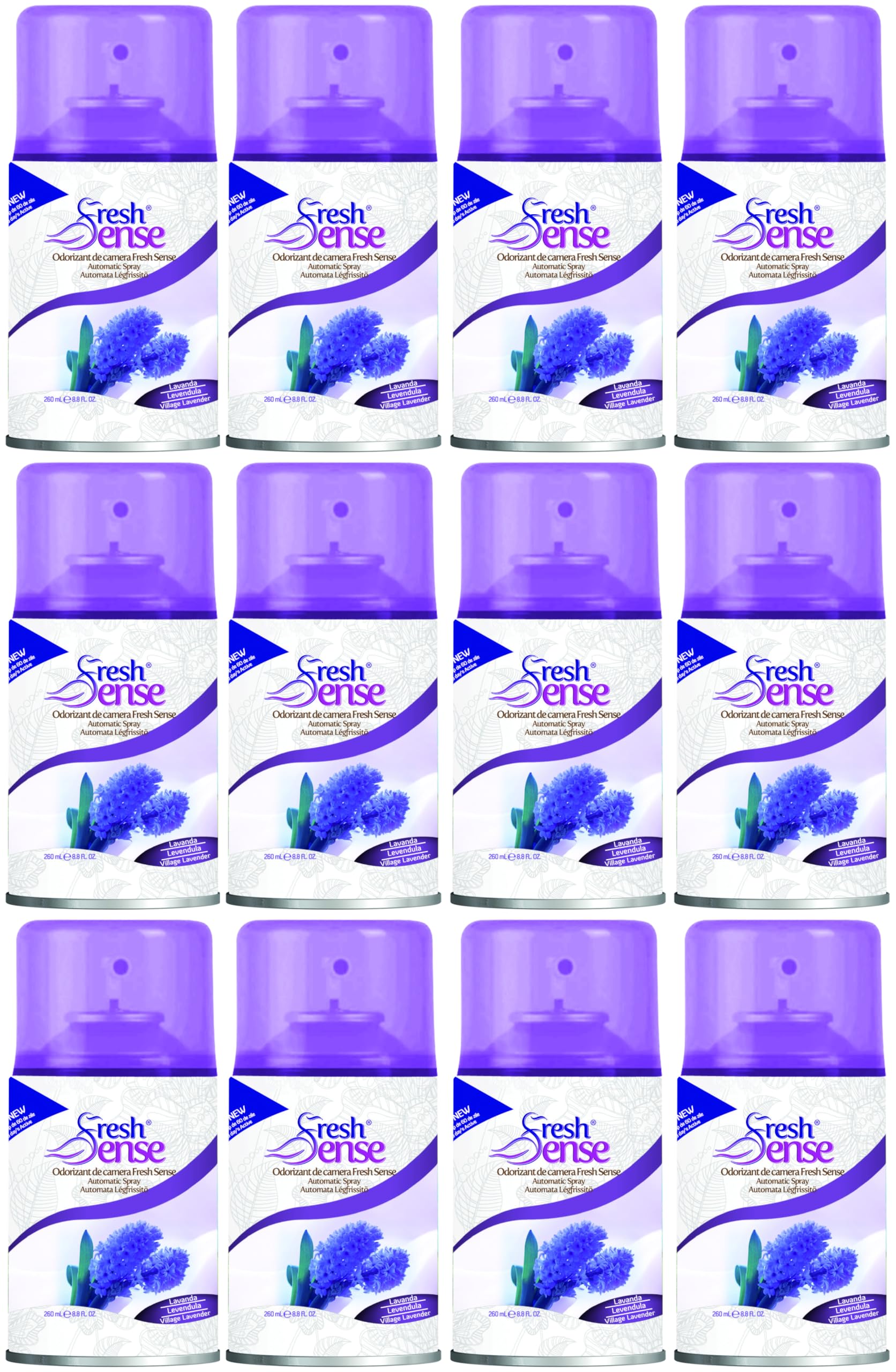 LAVENDER Air Freshener Auto Spray Refill 260ml (PACK of 12) | FRESH SENSE | Long Lasting Room Fragrance for Home, Office, Bathroom, Toilet & Kitchen | Fits Any Automatic Freshener Gadget Machine
