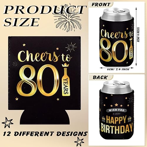 Vista 2 de Umigy 24 fundas de neopreno para latas de cumpleaños de 80 a 80 años, decoraciones de cumpleaños, regalos de fiesta, regalo para hombres y mujeres