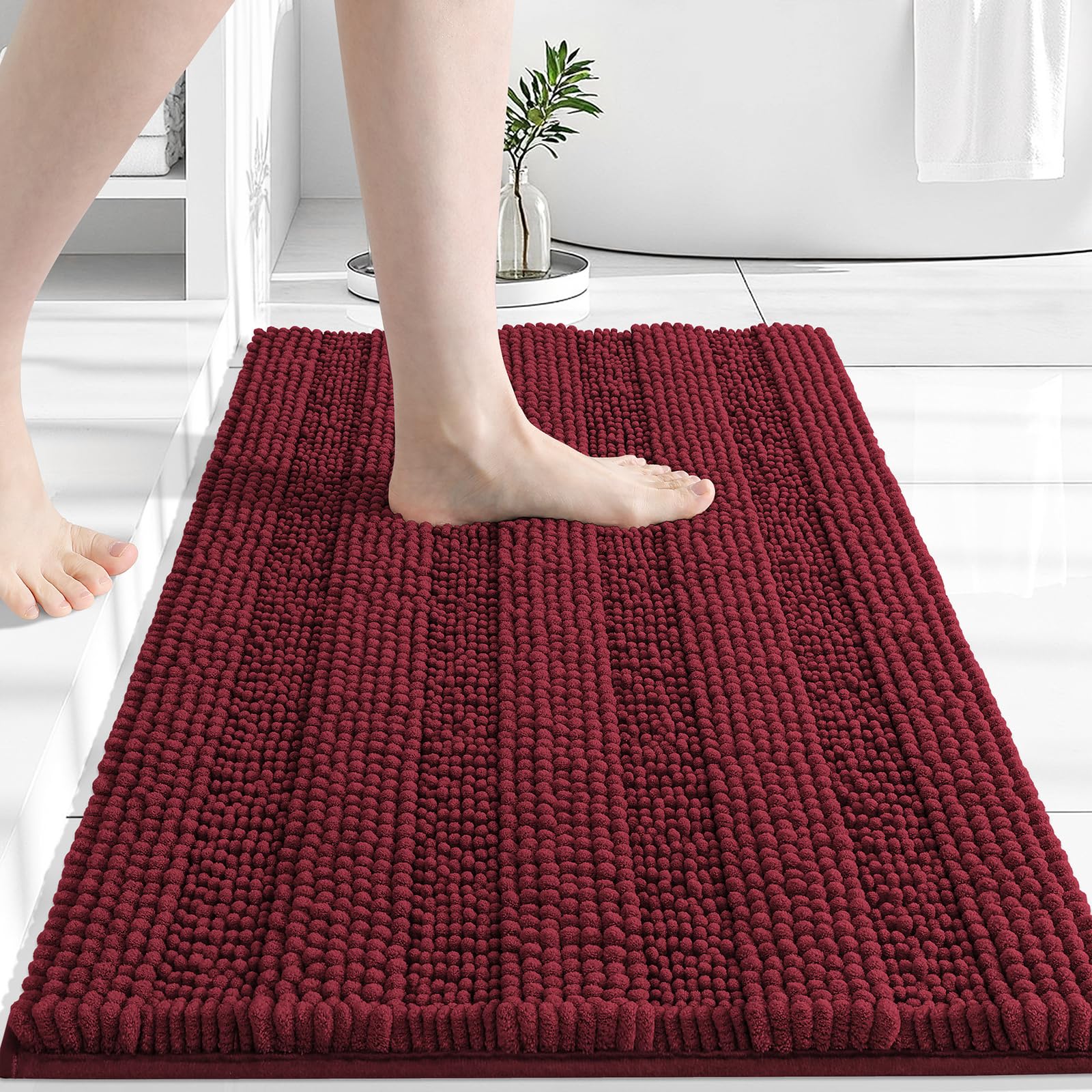 Grandaily Chenille Bathroom Rugs 24x16, Soft Absorbent Bath Mats, Burgundy