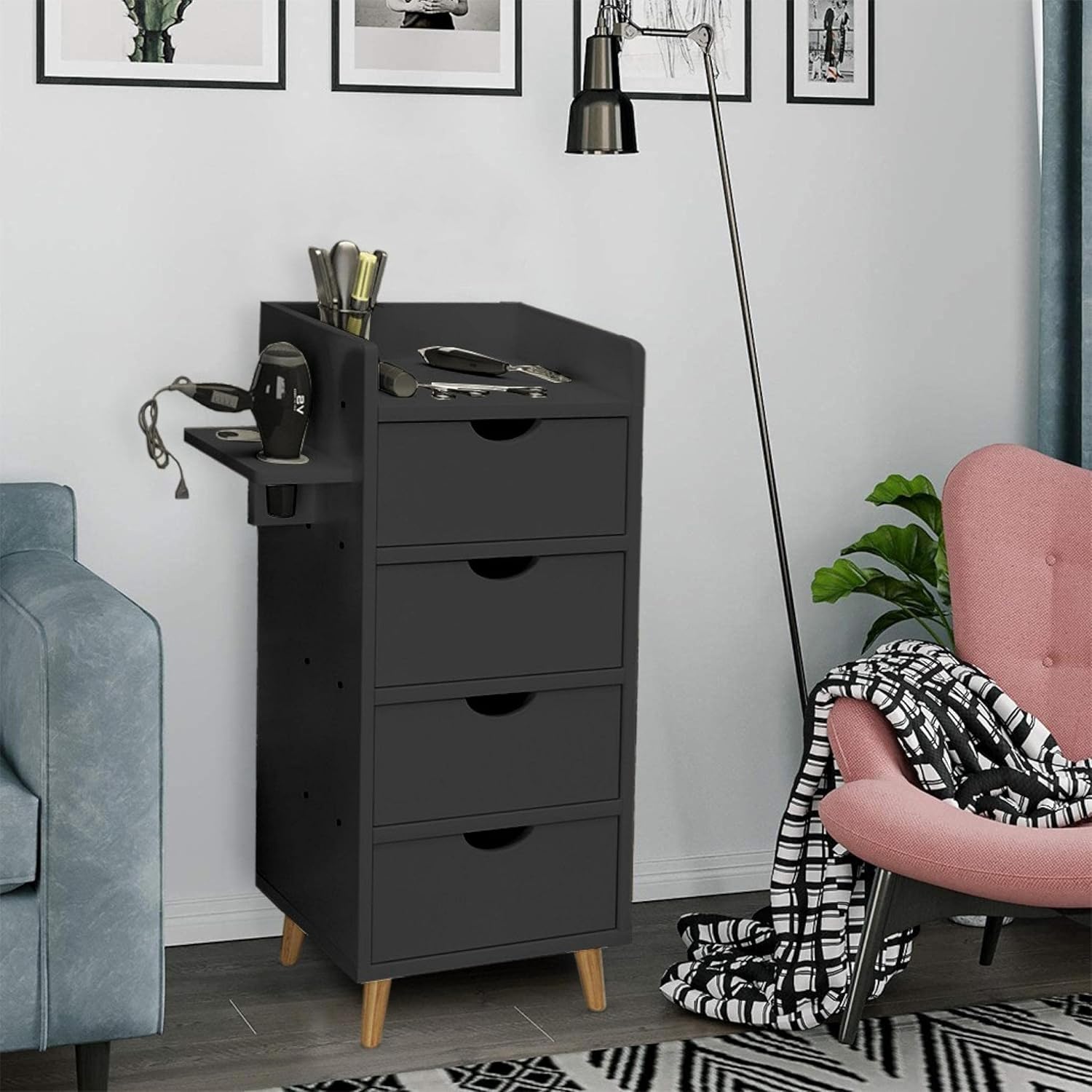 Elegant Salon Station Beauty Salon Spa Storage Cabinet Organizer with 4-Drawer/2 Hair Dryer Holders Styling Station for Stylist Hair Salon (Black) : Beauty & Personal Care