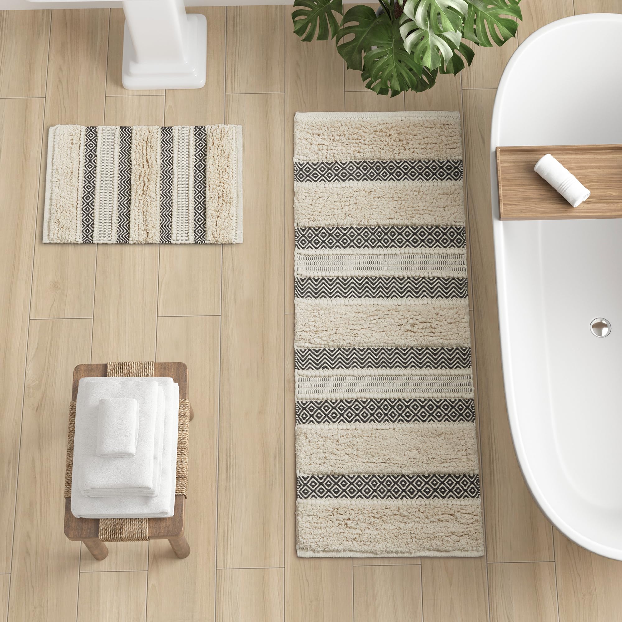 INK IVY Bath Rug Hand-Woven Texture Shaggy Striped Soft Water Absorbent Boho Bathroom D cor Bath-Mats Non-Slip Absorbent