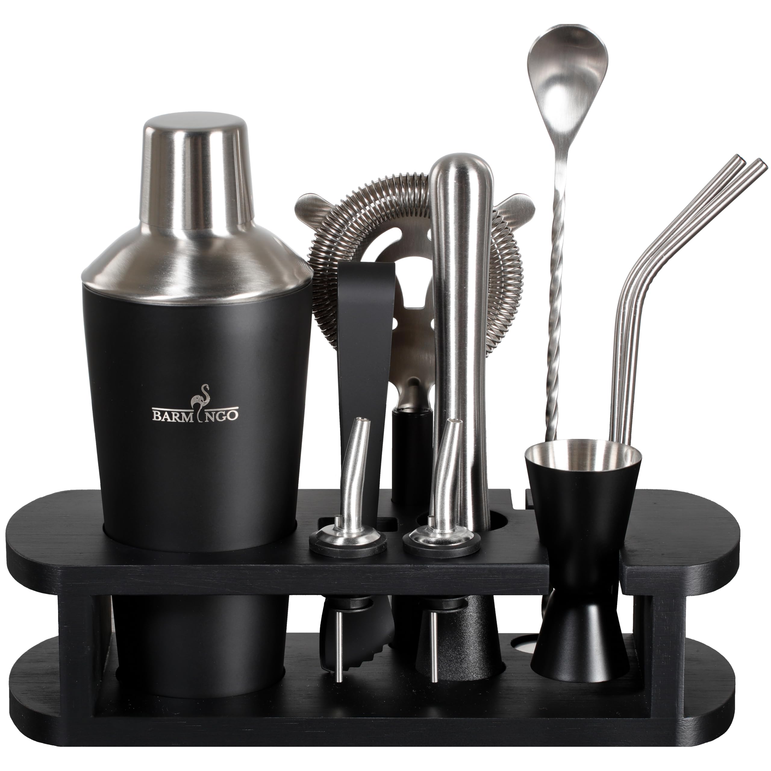 Shaker Cocktail Kit | 11 Pièces, Volume de 700 ML, Noir - Argent | Shaker Cocktail INOX avec Support et Accessoires de Bar | Set Barman Cocktail Shaker | Kit Cocktail Professionnel