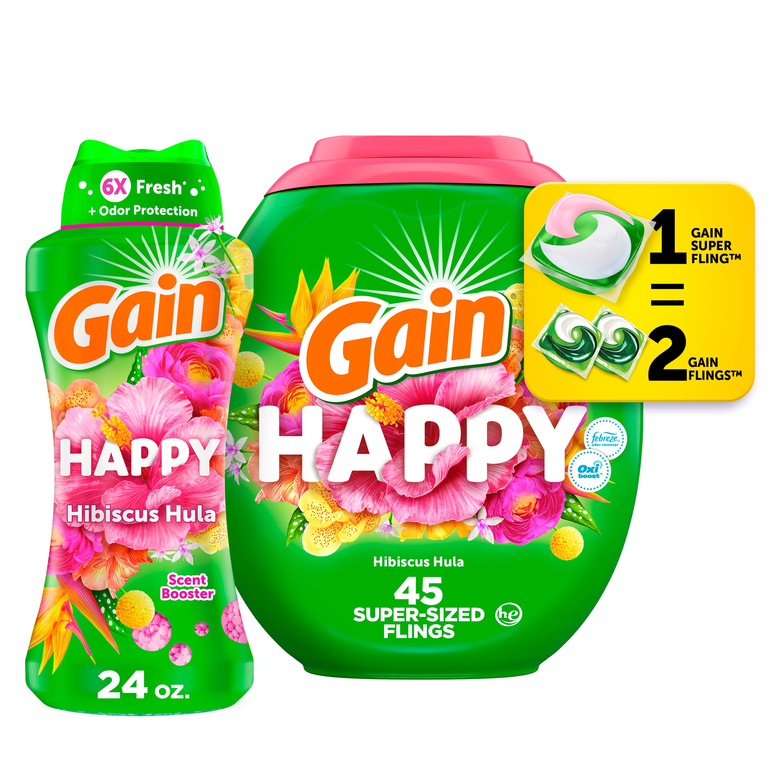 Gain Happy Laundry Bundle: Gain Super Sized Flings Laundry Detergent Pacs, 3-in-1 Detergent Pacs with Febreze and Oxi, 45 Count + Gain In-Wash Laundry Scent Booster Beads, 24 oz, Hibiscus Hula Scent