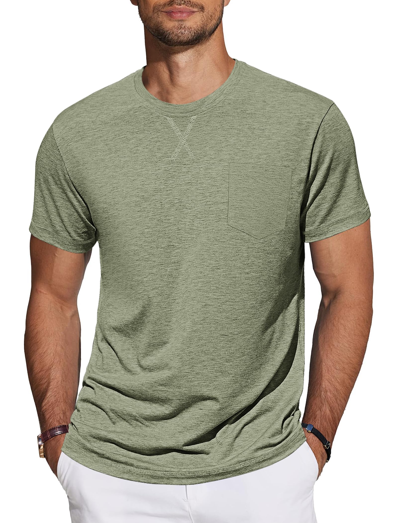 TARAINYA T‑Shirt Herren Kurzarm Baumwolle Rundhals Sommer M-4XL | 95%Baumwolle 5%Spandex,X‑Naht am Kragen,Brusttasche,Einfarbig,Regular‑Fit