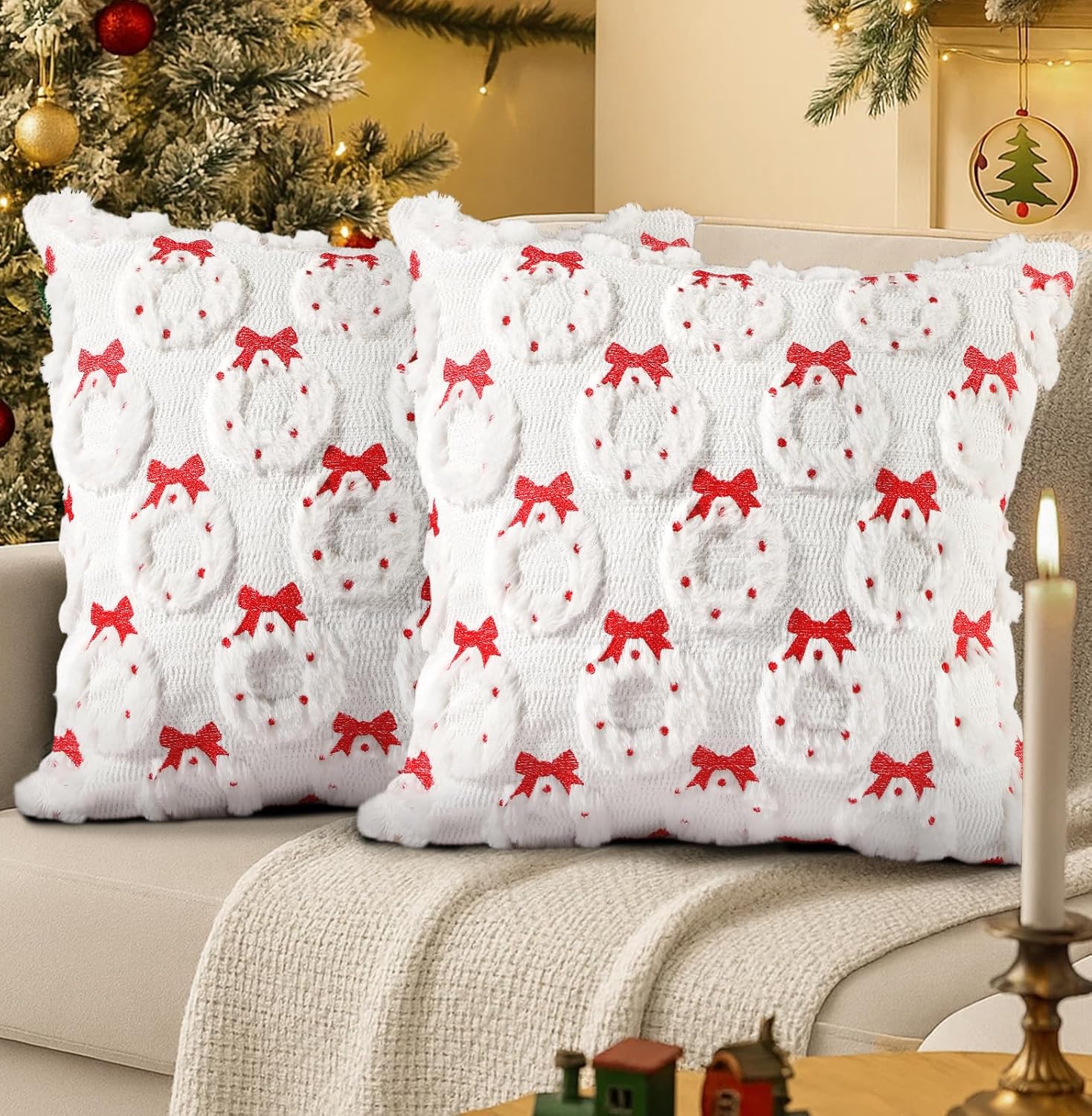 Christmas Pillow Covers 18x18 Inch - Set of 2 Embroidered White Christmas Throw Pillow Cases Soft Plush Faux Fur Bow Xmas Decorations Winter Holiday Decor for Home Bedroom Sofa