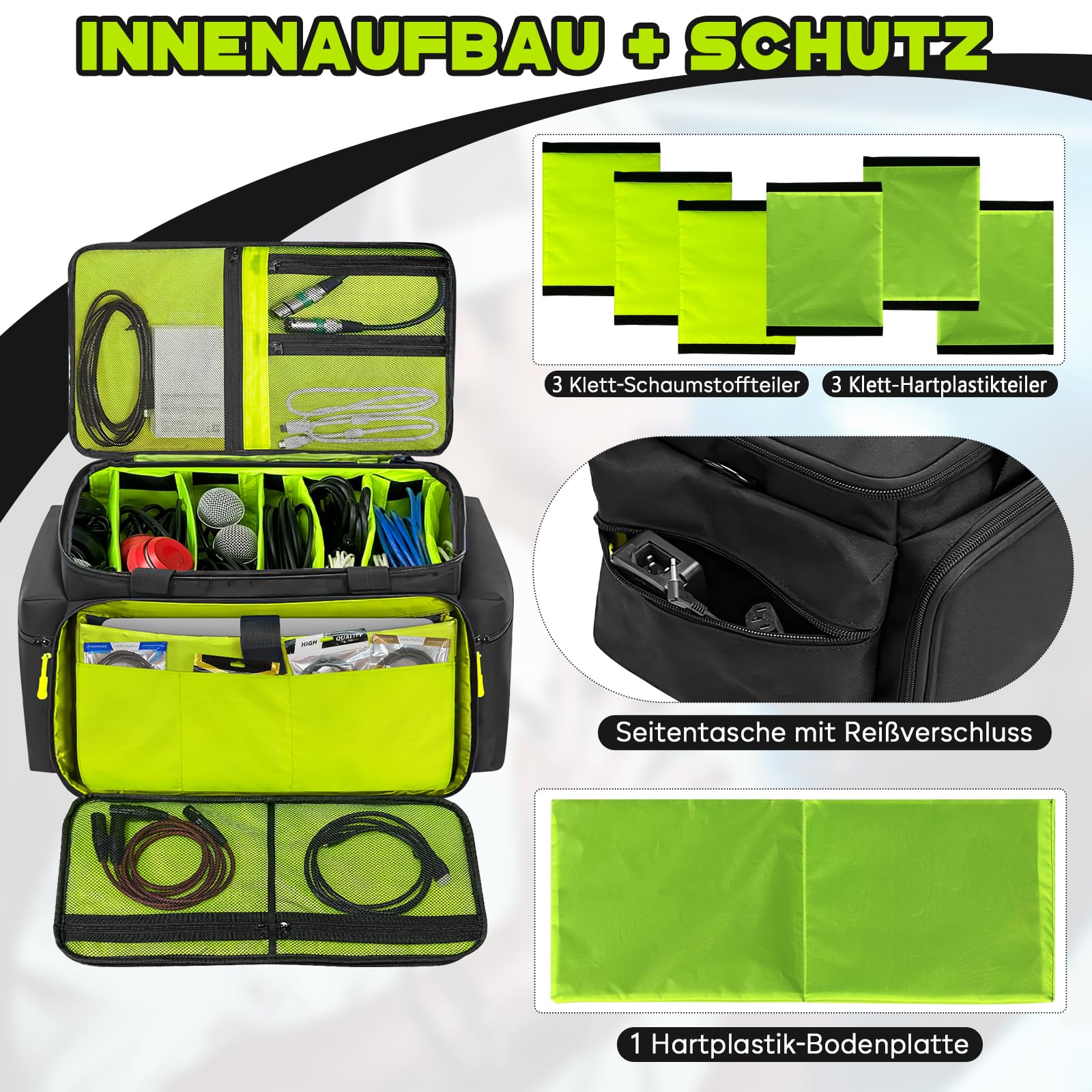 SUNDOY DJ - Bolsa organizadora de Cables con Base Acolchada extraíble y divisores, para Equipo de DJ, Cables de Audio y Accesorios de música, Negro, 45.7 x 31 x 35.6-cm, Tejido Impermeable