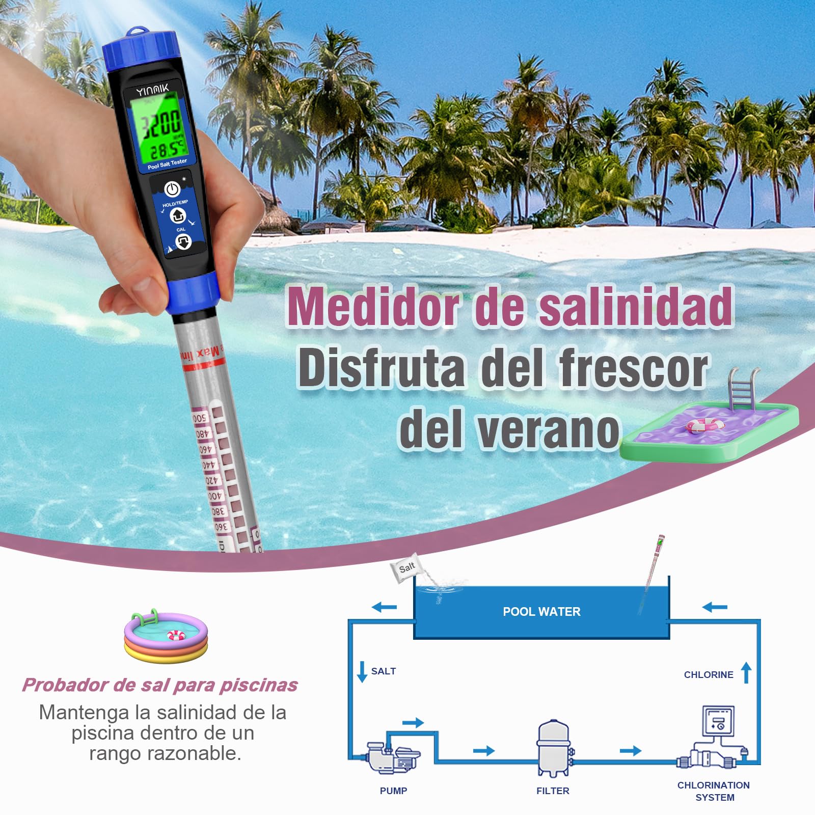 YINMIK Piscinas Medidor de Sal, Probador de Salinidad y Term Metro, Medidor de Salinidad Digital para Piscina SPA, Adecuado para Piscinas, Peces de Agua Dulce