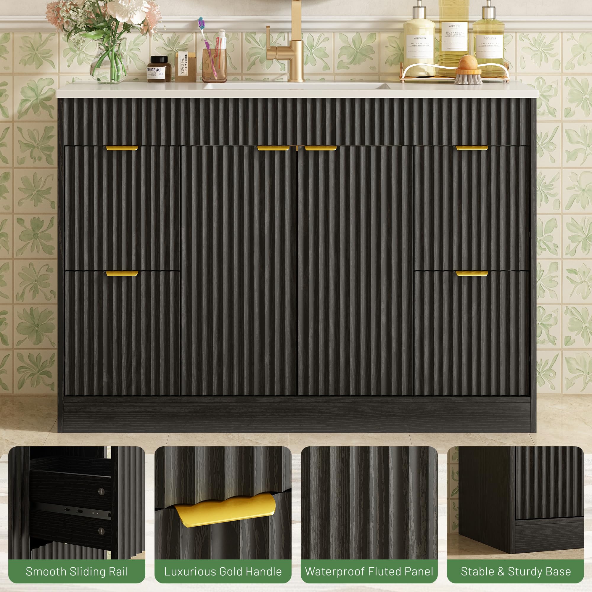 CARPETNAL 48 Inch Bathroom Vanity with Sink, Modern Fluted Bathroom Vanity with Sink with Storage Cabinet, Adjustable Shelf and 2 Soft Closing Doors & 4 Drawers, Black - 4