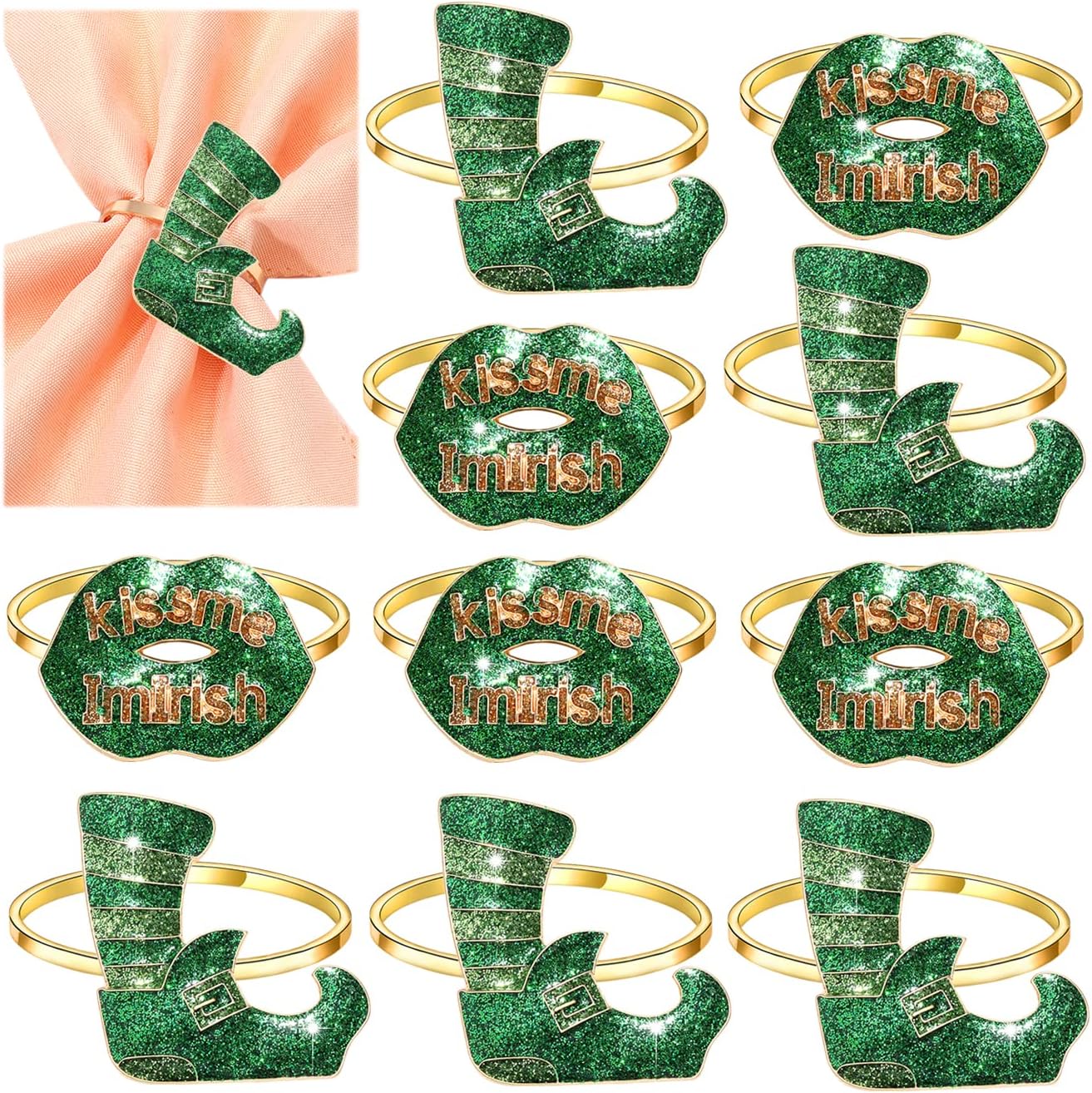 St Patricks Napkin Rings 10 Set Glitter St Patrick Day Green Shamrock Hat Irish Boot Lip Napkin Rings St Patricks Day Holiday Dinner Pary Decor (St Patricks napking Rings B)