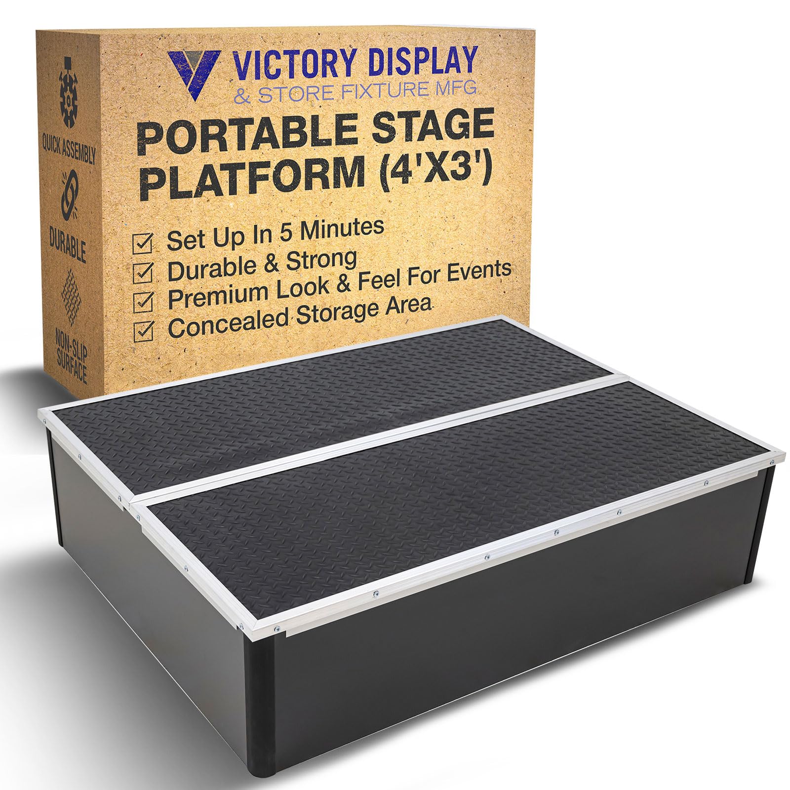 Victory Display | Portable Stage Platform | Heavy Duty Raised Deck, Small Portable Riser System, Outdoor Event Performance Platform, Mini Modular Setup, Events Platform System | Black | Size 4'x3'