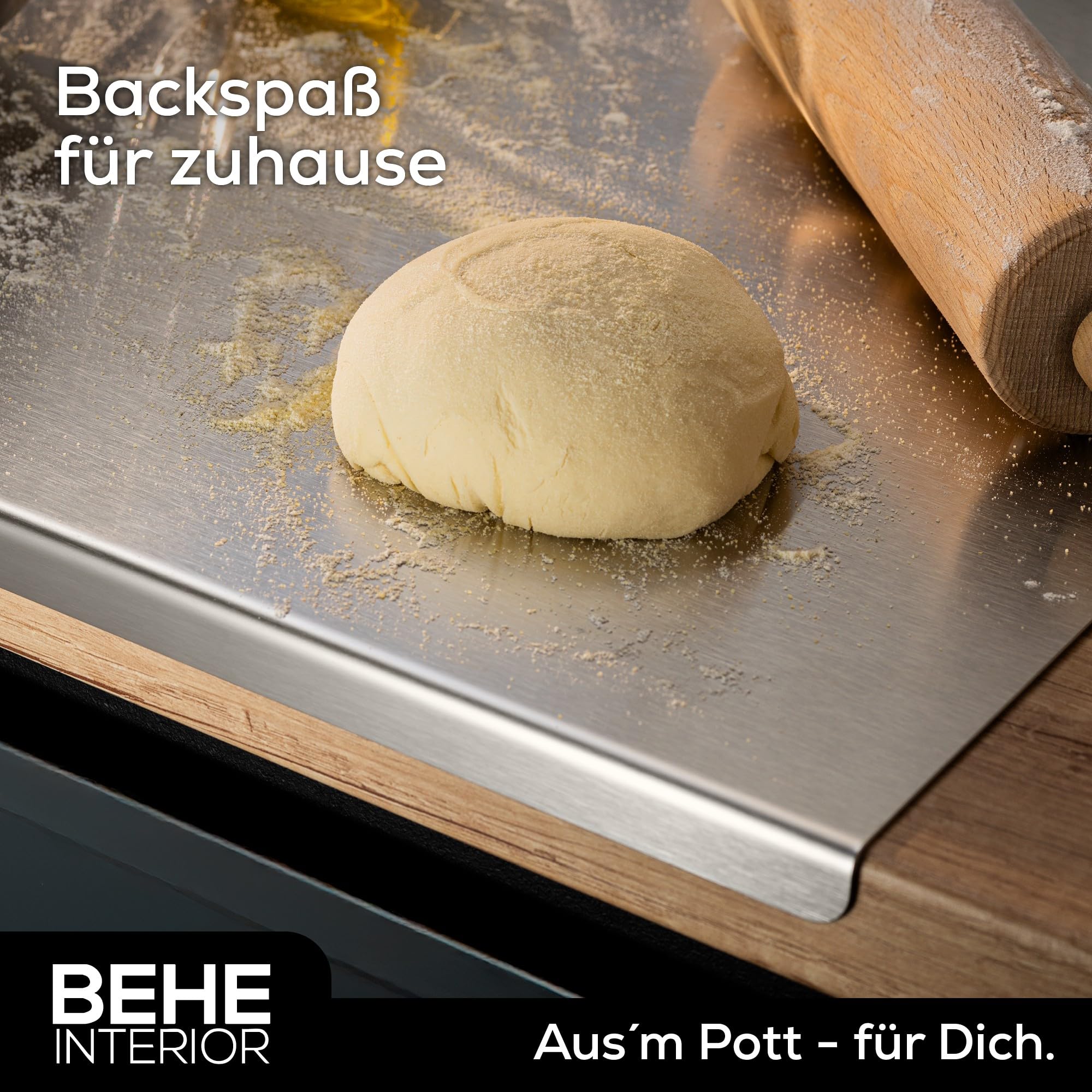 BEHE - Edelstahl Arbeitsplatte [versch. Größen], Rutschfestes Knetbrett für Teig zum Backen, Küchenarbeitsplatte, Schneiden und Kneten, Teigbrett, Nudelbrett, Backbrett für die Küche (B60 X T50cm)