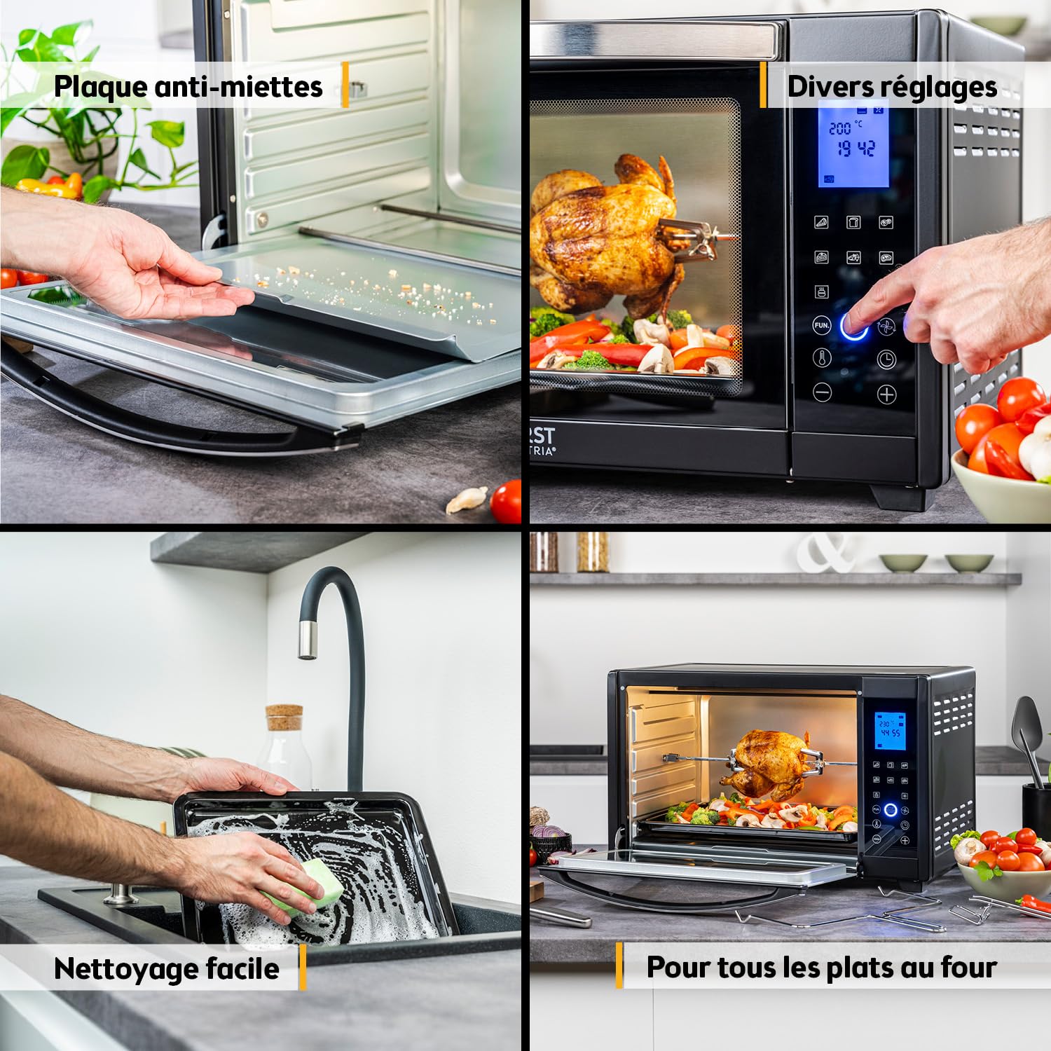 TZS First Austria - Mini-Four Numérique 30L 1600W Four avec réglage de la température jusqu'à 230°C, Avec minuteur de 60 min, 3 hauteurs d'insertion, plaque et grille, Pour petites cuisines et camping