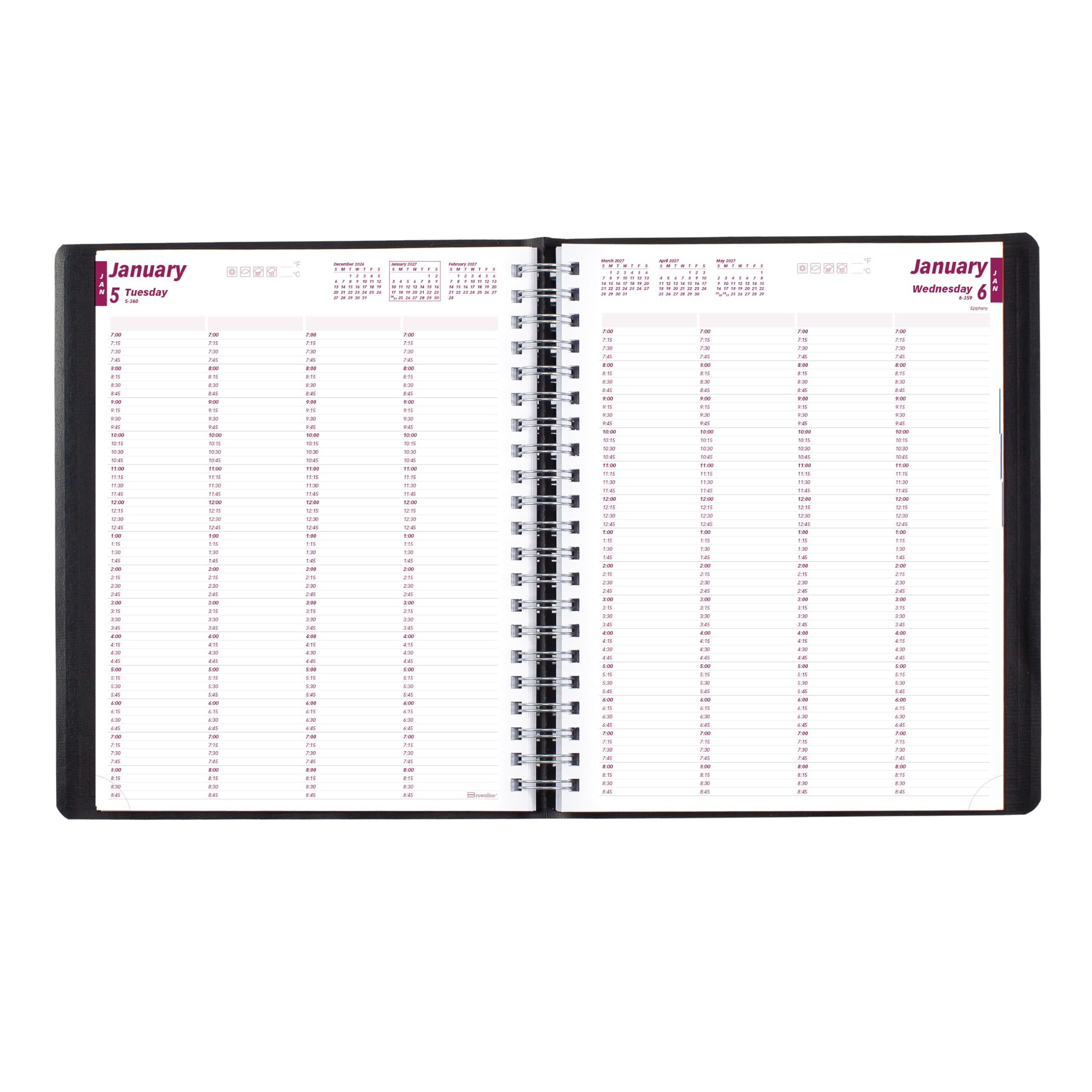 Brownline® Essential CB960.BLK - Agenda giornaliera professionale per quattro persone, 12 mesi, da gennaio a dicembre, rilegatura a doppio filo, 27,9 x 21,6 cm, colore: nero