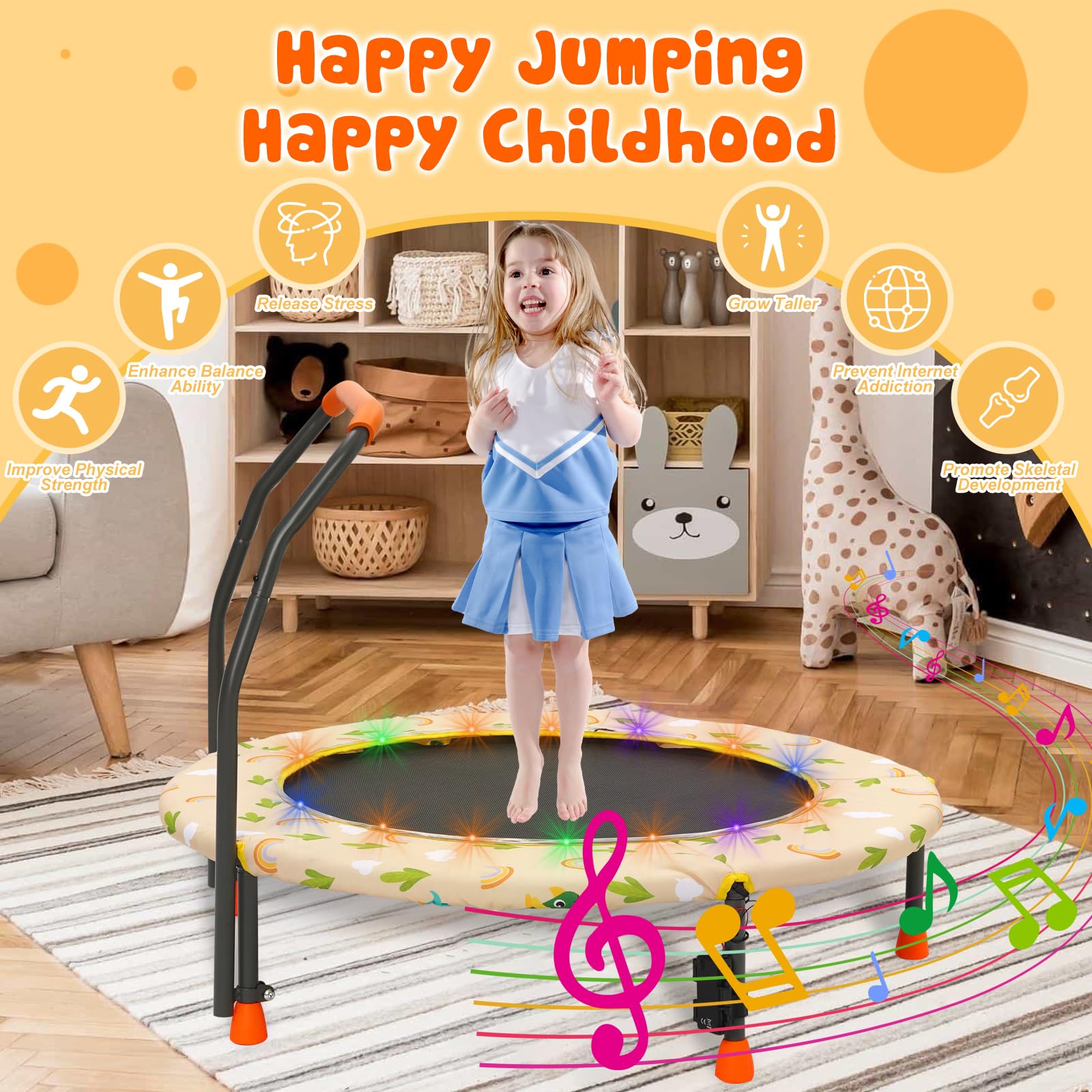 Trampolin Kinder Indoor Outdoor Mini Kindertrampolin mit Verstellbarer Haltegriff Gepolsterter Sicherheitsabdeckung, Trampolin Klein für ab 3 Jahre