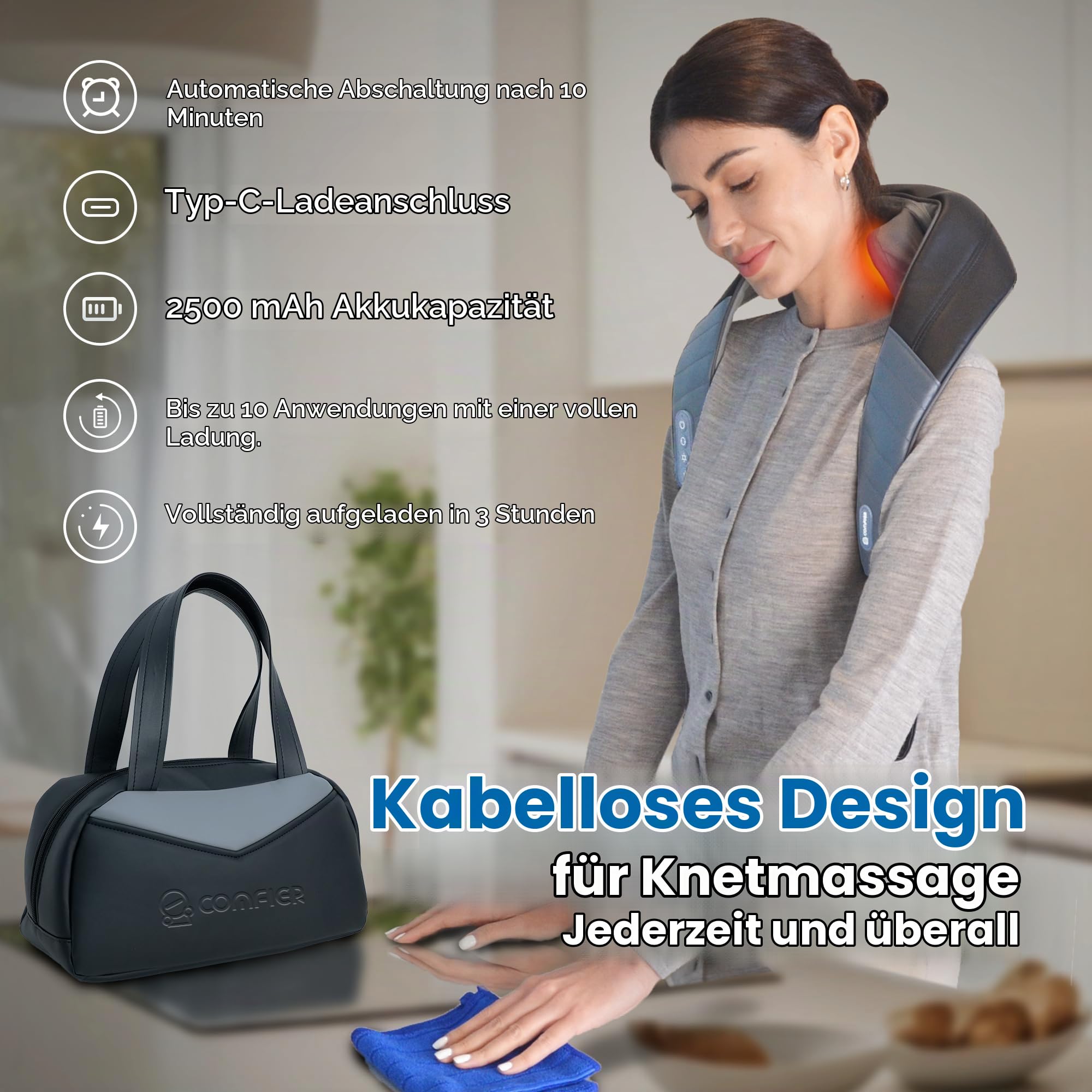COMFIER Kabelloses Shiatsu Nackenmassagegerät mit Wärme | 4D Tiefenknetmassage für Nacken, Schultern und Rücken, 3 Modi, PU-Leder, Tragetasche, Geschenk für Frauen und Männer