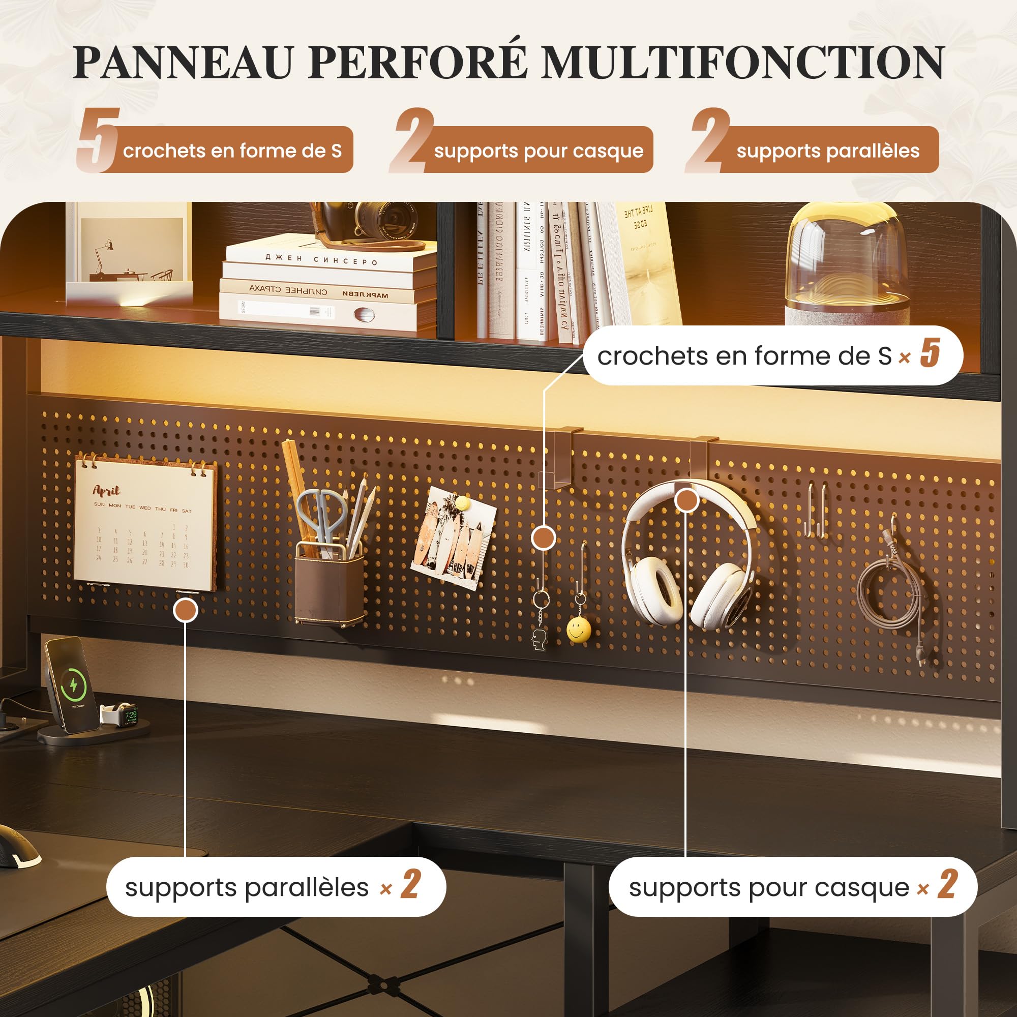 YOUDENOVA Bureau d'angle en L Réversible, Bureau Gaming avec Panneau Perforé et Étagères, Bureau avec LED et Prises, 3 Tiroirs et Poche de Rangement, Table pour Salon Domicile 135x100 cm Noir