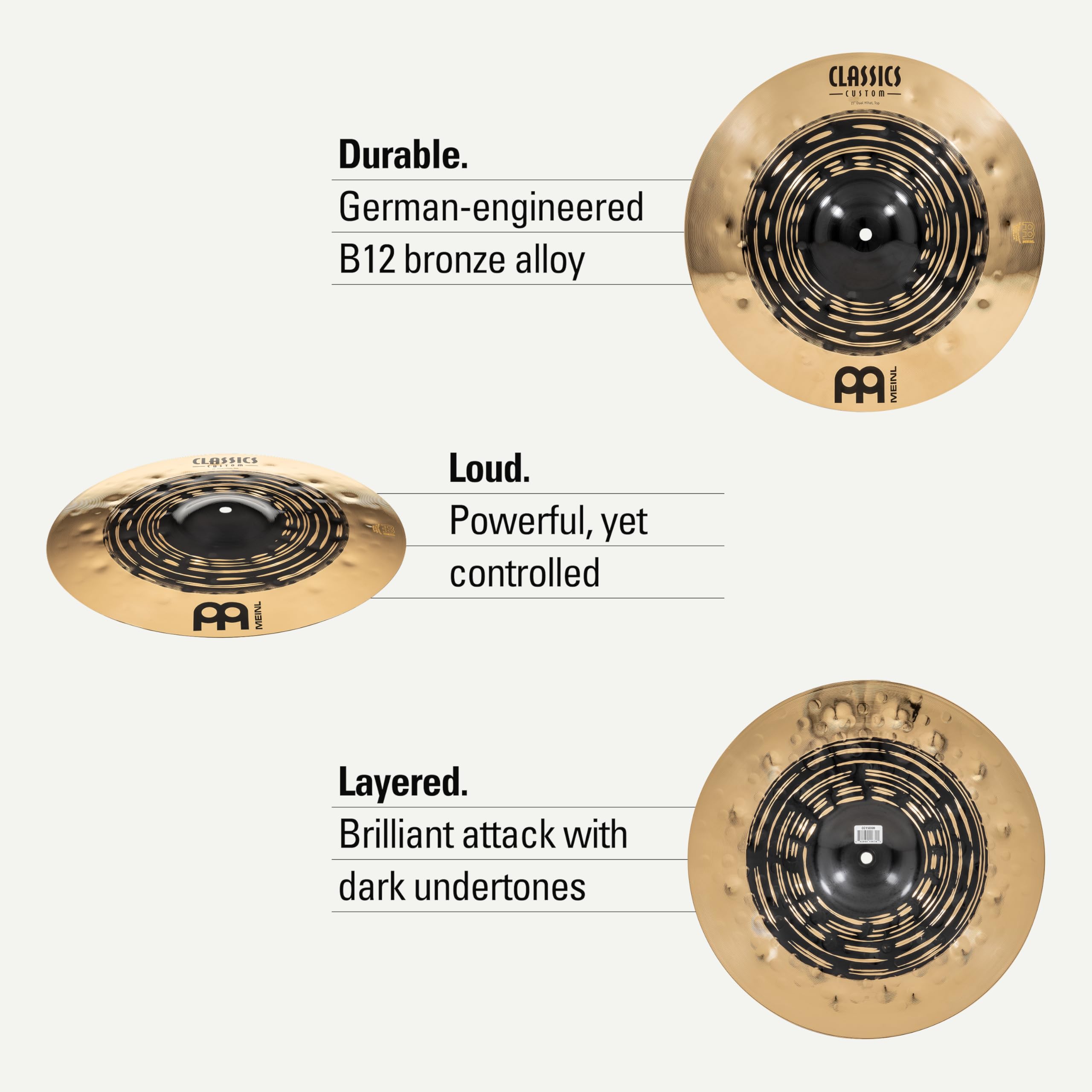 Meinl Cymbals Classics Custom Dual Cymbales Hihat 15 pouces (Vidéo) pour Batterie (38,10cm) Bronze B12, Deux Finitions - Fabriquées en Allemagne (CC15DUH)