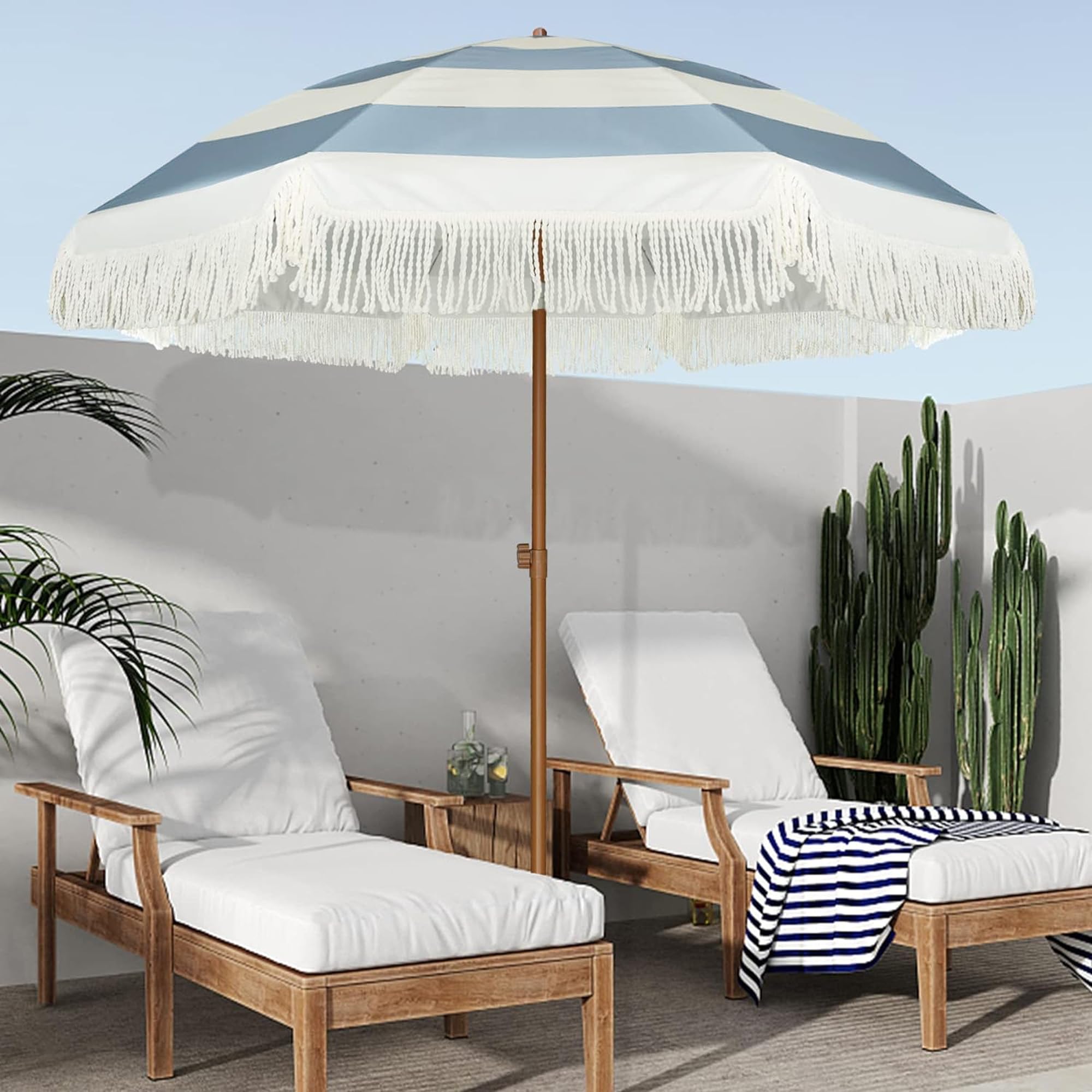 AMMSUN 7ft Patio Umbrella with Fringe Outdoor Tassel Umbrella UPF50
