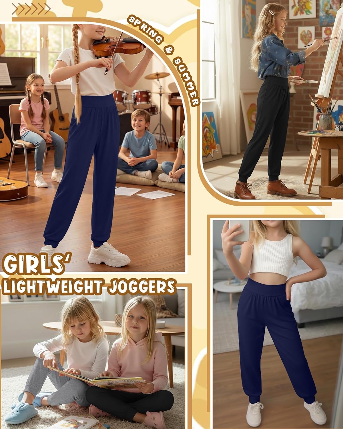 3 Pack Girls Sweatpants Lightweight Yoga Pants Athletic Joggers Casual Soft High Waisted Cuff for Kids Size 5-14