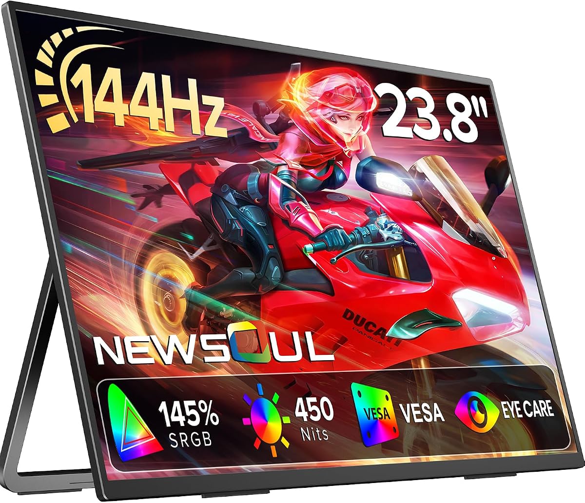 Monitor portátil Newsoul de 23,8 pulgadas, monitor para juegos de 144 Hz, 145 % sRGB | 2000:1 | FreeSync Soporte ajustable incorporado, altavoz y VESA, USB-C HDMI Segunda pantalla grande para computadora portátil, Mac-Book, PC, consola de juegos