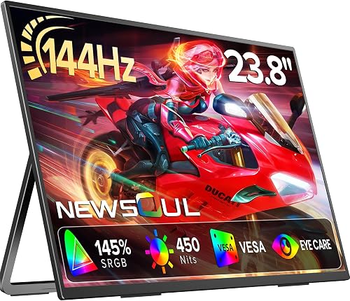 Newsoul Monitor Portátil 24 Pulgadas 144Hz | Pantalla Portátil QLED | 2000:1 FreeSync 450 nits 145% sRGB | USB-C y HDMI | Segundo Monitor con VESA y Carcasa Metálica para /PS5/4/Xbox/Switch