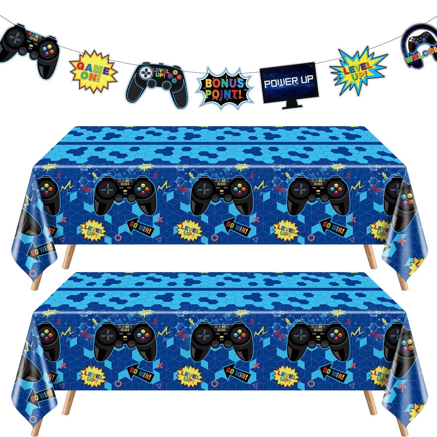 PIXHOTUL 3 Pieces Video Game Theme Party Decors Include Gaming Tablecloths Elements Pennant Banners Decors for Video Game Themed Party, Boys' Birthday