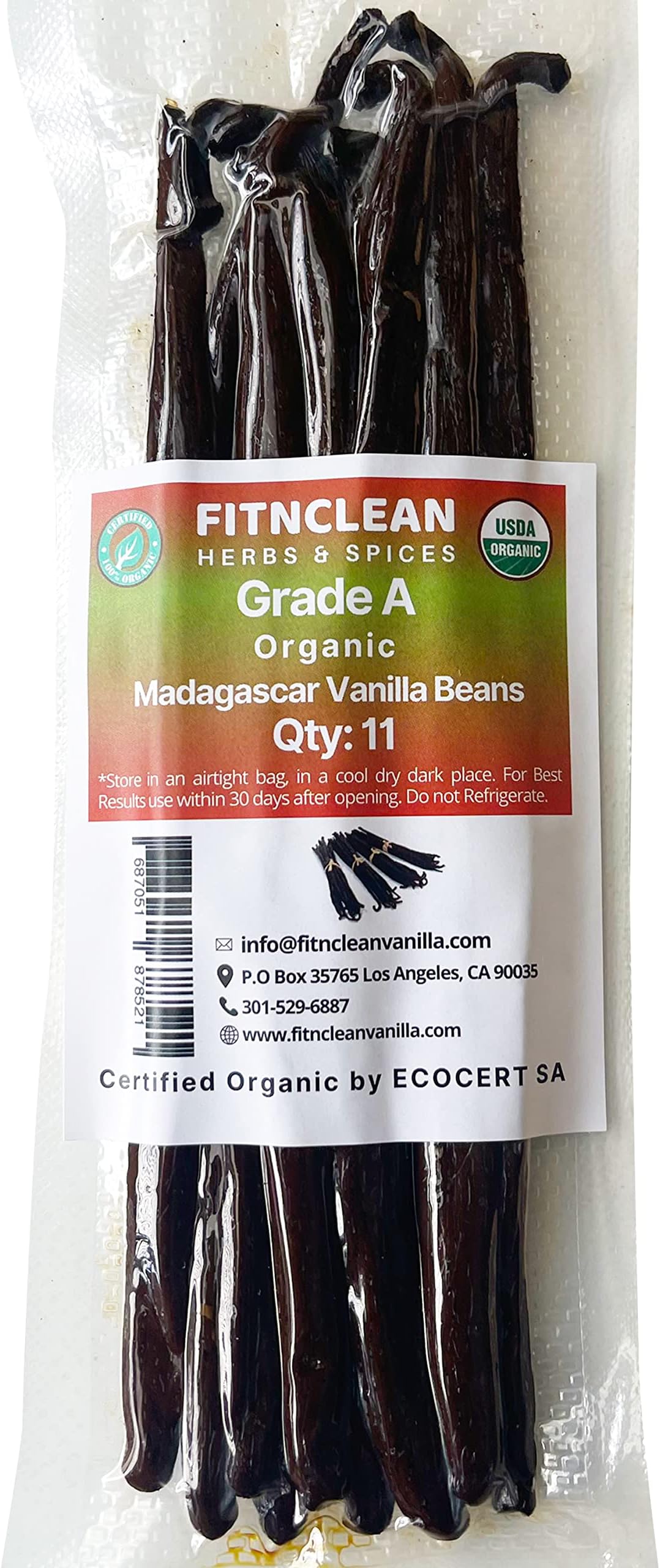 11 Madagascar Organic Vanilla Beans Grade A. Certified USDA Organic. ~6" by FITNCLEAN VANILLA for Cooking, Extract and Baking. Bourbon Fresh Gourmet NON-GMO Whole Pods
