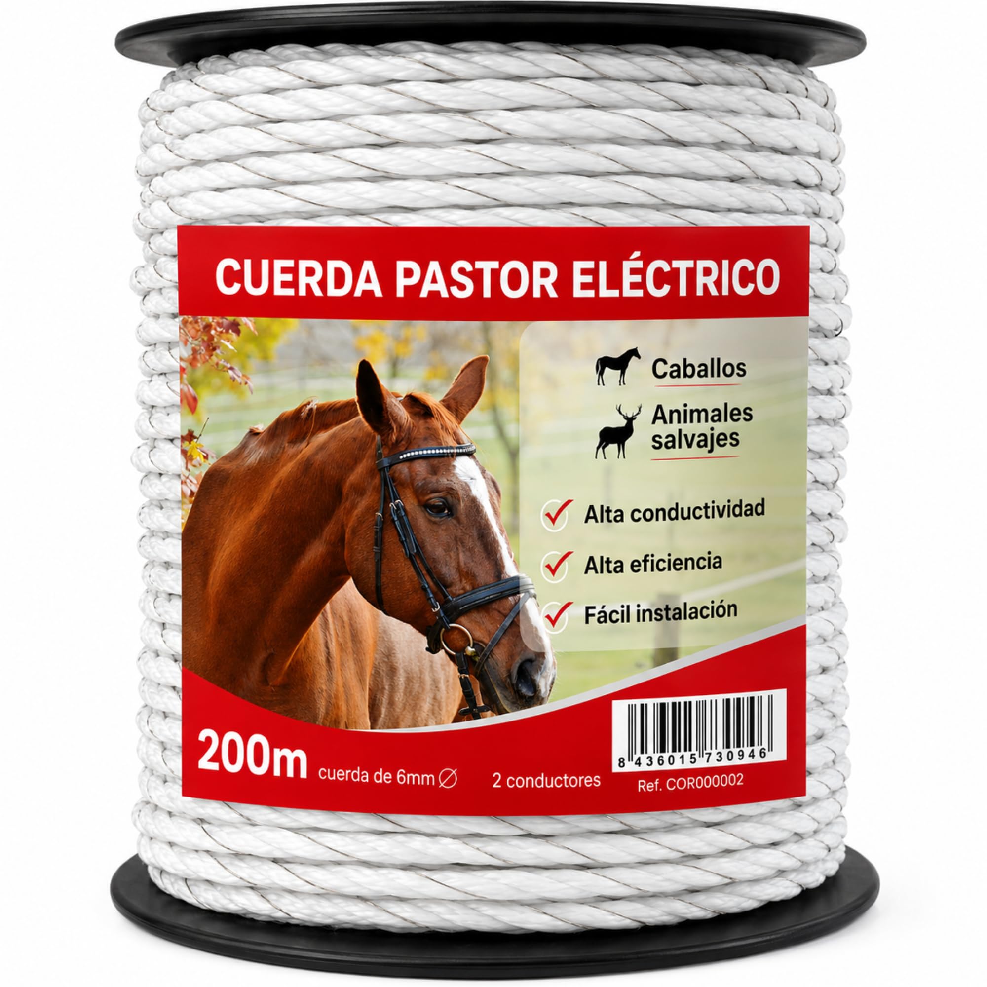 Llampec Cuerda Pastor Eléctrico 200 m x 6 mm – 2 Conductores Acero Inoxidable – Alta Resistencia y Conductividad – Cable Trenzado para Cercas Eléctricas de Caballos, Vacas y Perros – Bobina Pastor