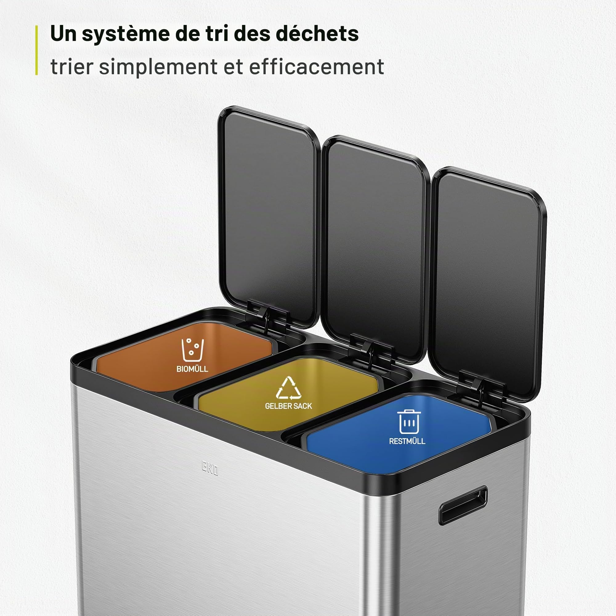 EKO Essential Poubelle à 3 compartiments, 3 x 20 l, système de tri sélectif, poubelle de cuisine, avec 20 sacs poubelles, grande capacité avec couvercle, fermeture douce et hermétique, en acier