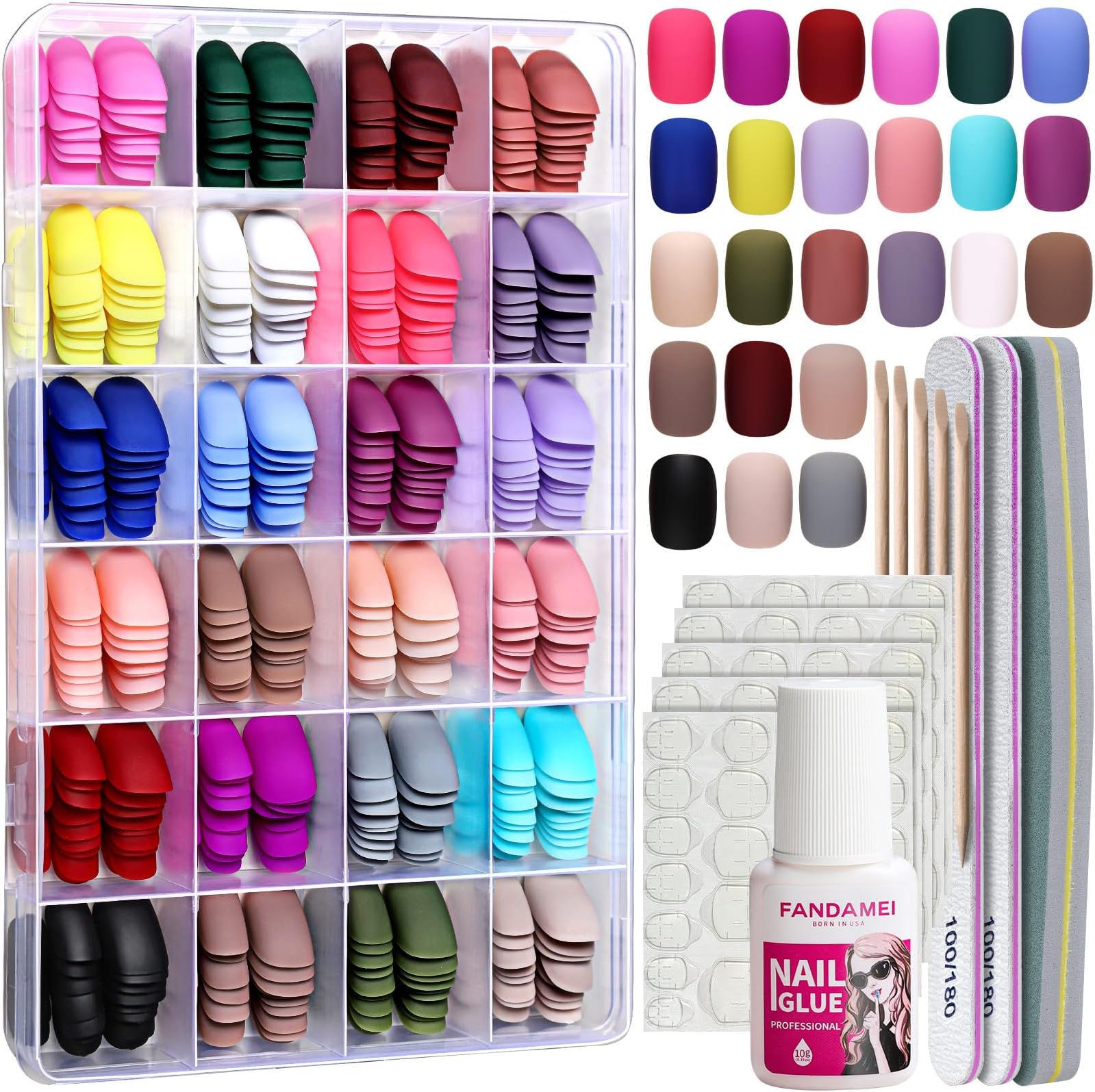 FANDAMEIShort Press on Nails, 24 Packs 576PCS Short Round Press on Nails Matte, Acrylic Small Fake Nails Full Cover, Matte Glue on Nails with 7g Nail Glue, 24 Color False Nail for Small Nails