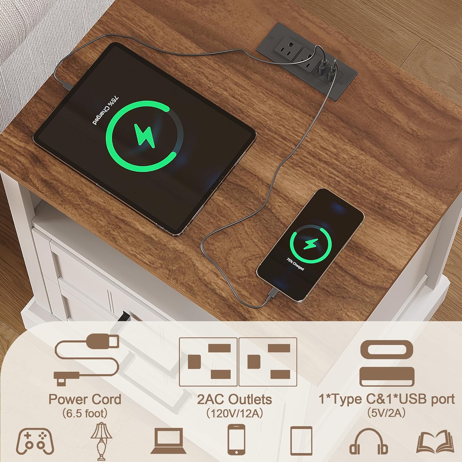 ChooChoo ナイトスタンド 充電ステーション付き モダンなナイトスタンド 寝室用 ファームハウス ナイトスタンド 引き出し2個