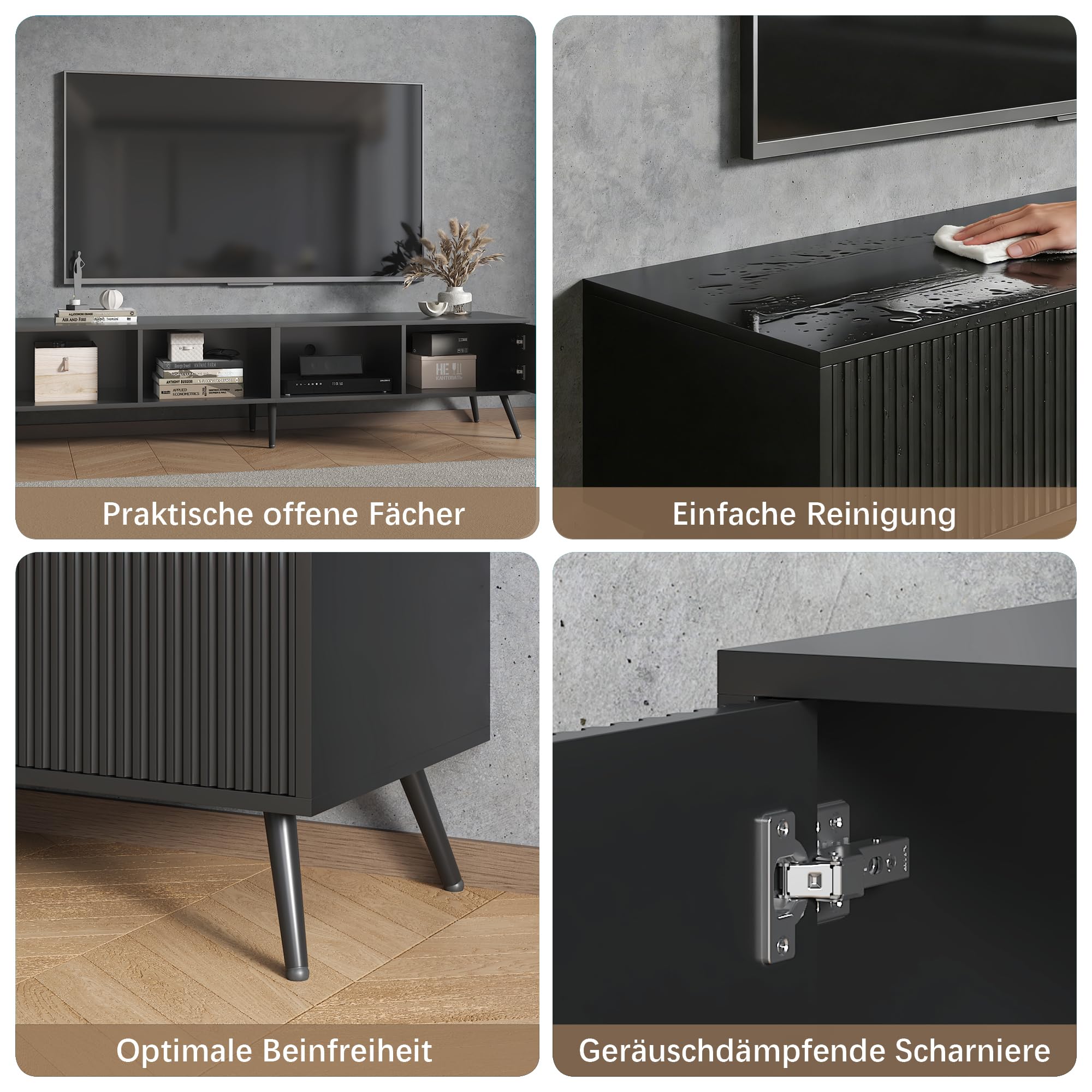 KEEPREAPER TV Schrank 171cm, Lowboard Modern mit Wellenfront und Metallgriffen, TV Lowboard Stehend für 75 Zoll Fernseher, Fernsehtisch mit Kabeldurchlass für Wohnzimmer (Schwarz)