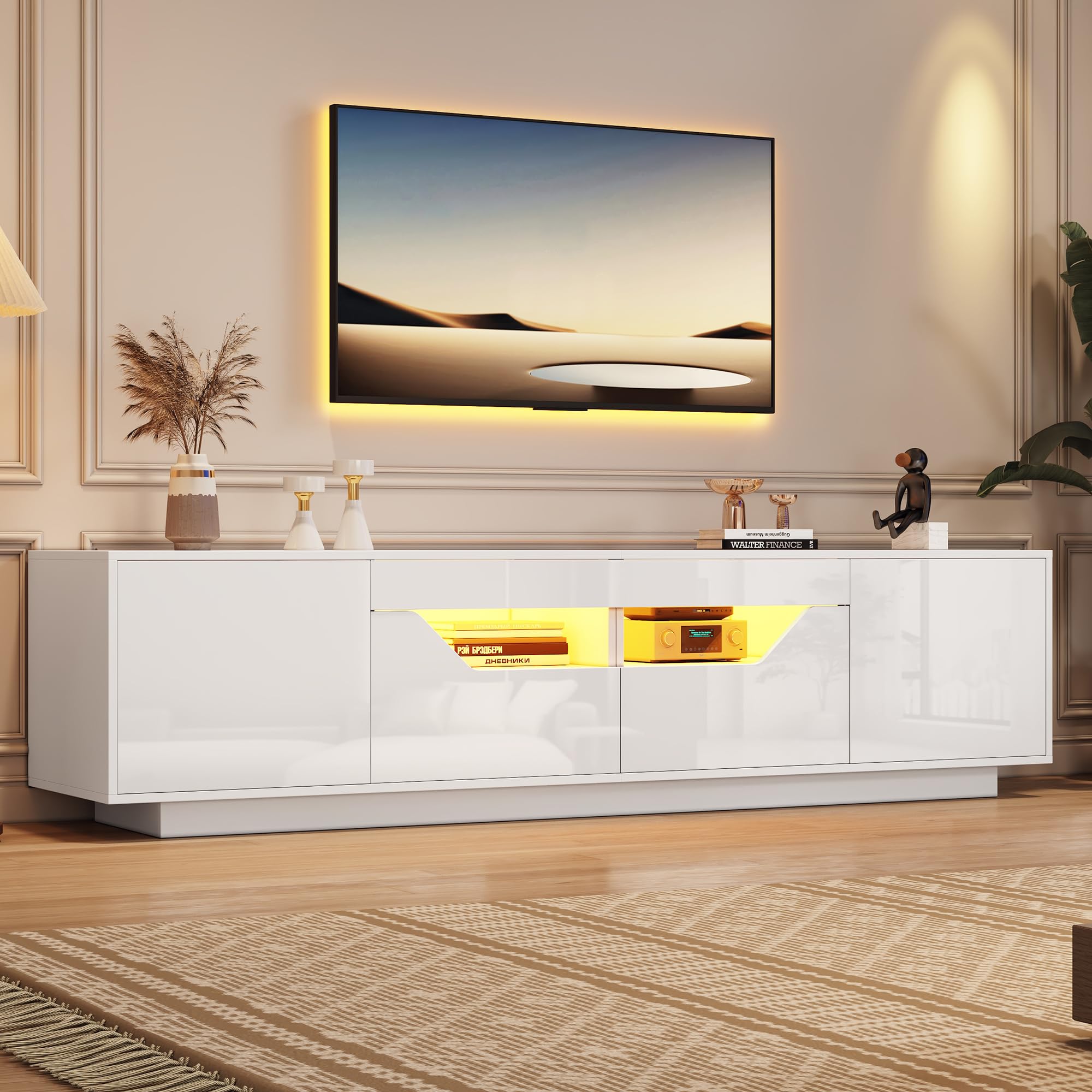 BTM 180x40x45cm Standfernsehschrank, Lowboard Mit 2 Schubladen und 2 Schränken,Hochglanz-TV-Schrank mit LED-Leuchten,TV-Board, Fernsehtisch,Geeignet für 75-Zoll-Fernseher,Weiß