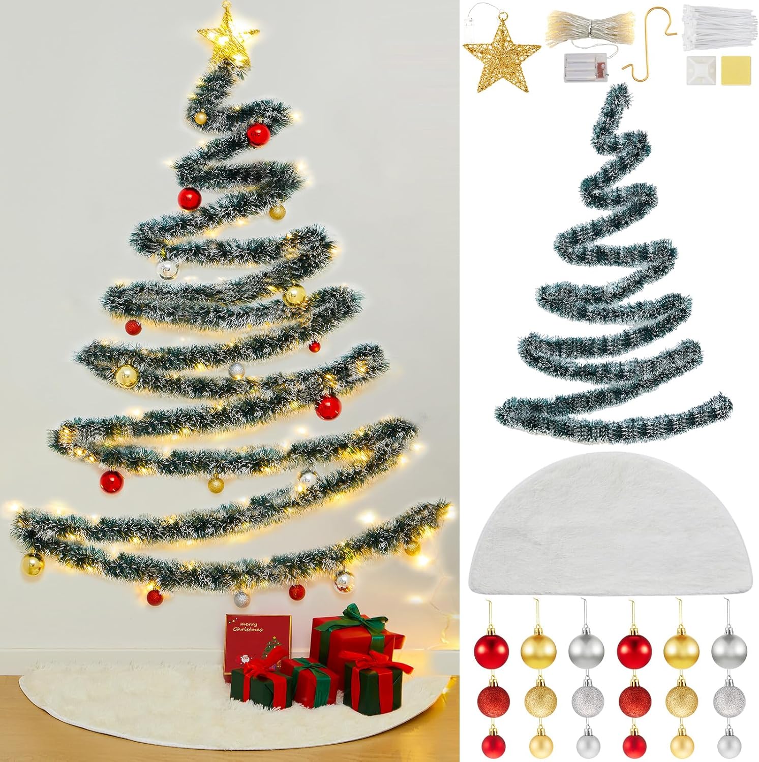 222 Pcs 33ft Garland Wall Hanging Christmas Tree with Skirt DIY Wall Christmas Tree Tinsel with Lights, Star Topper, Balls, Xmas Decoration for Home Living Room Indoor(Dark Green) 222 Pcs 33ft Garland Wall Hanging Christmas Tree with Skirt DIY Wall Christmas Tree Tinsel with Lights, Star Topper, Balls, Xmas Decoration for Home Living Room Indoor(Dark Green)