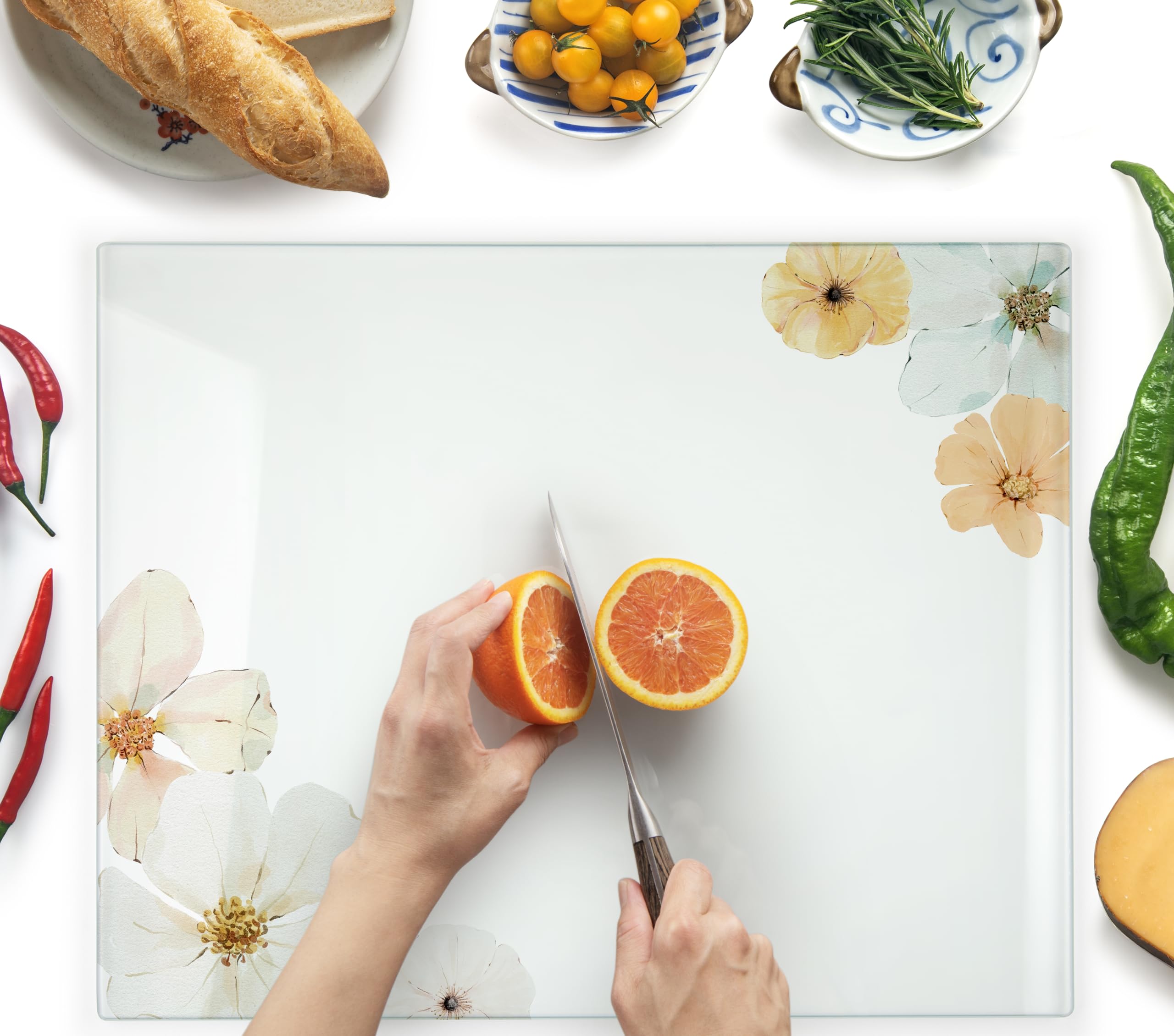 Tabla de cortar de cristal grande de 50 x 40 cm: protector de encimera de vidrio para cocina, duradero, higiénico, resistente a los arañazos, resistente al calor, diseño de naturaleza blanca