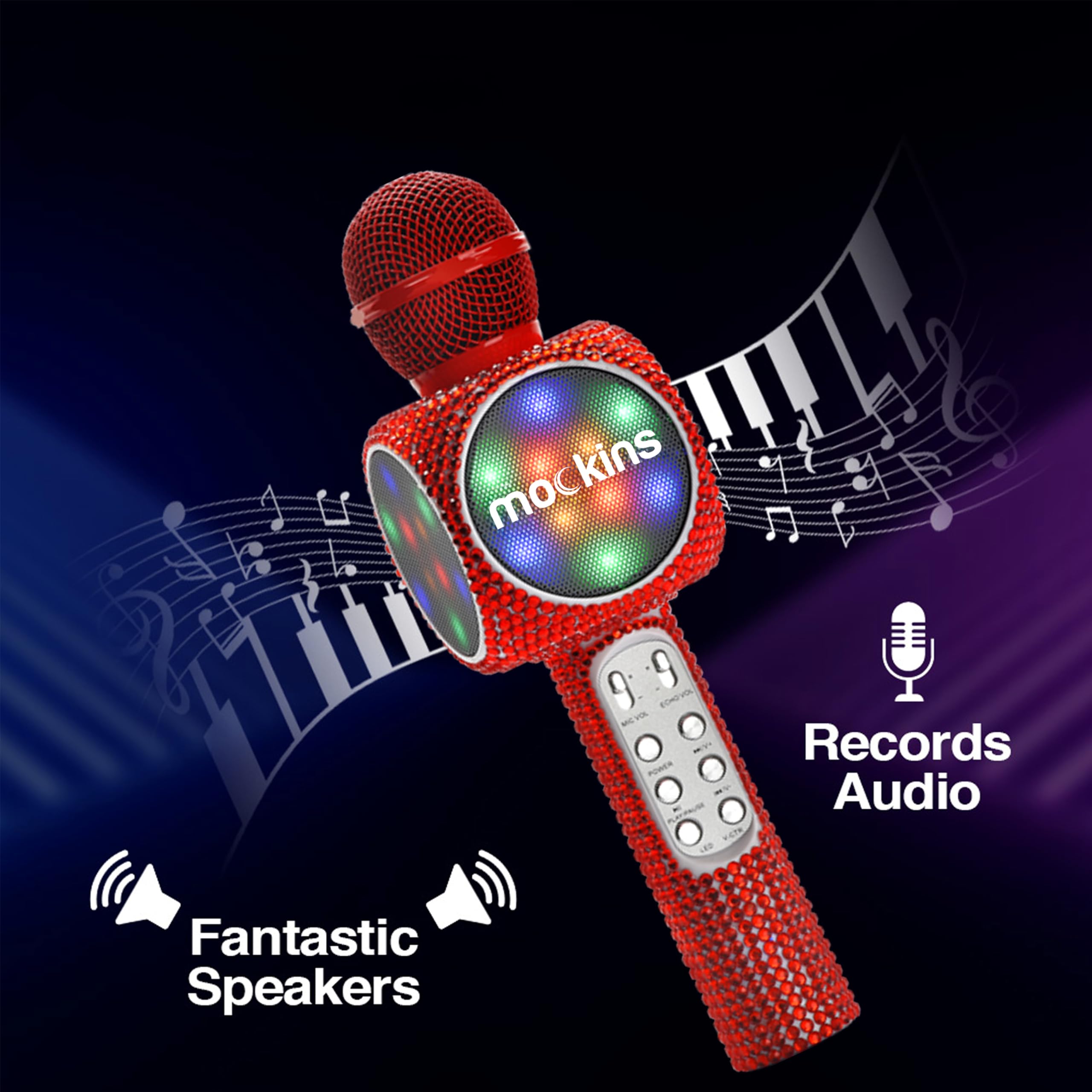 Mockins Micrófono de karaoke rojo brillante para niños, micrófono inalámbrico para karaoke con altavoz, cambiador de voz y luces LED coloridas, micrófono portátil para niños