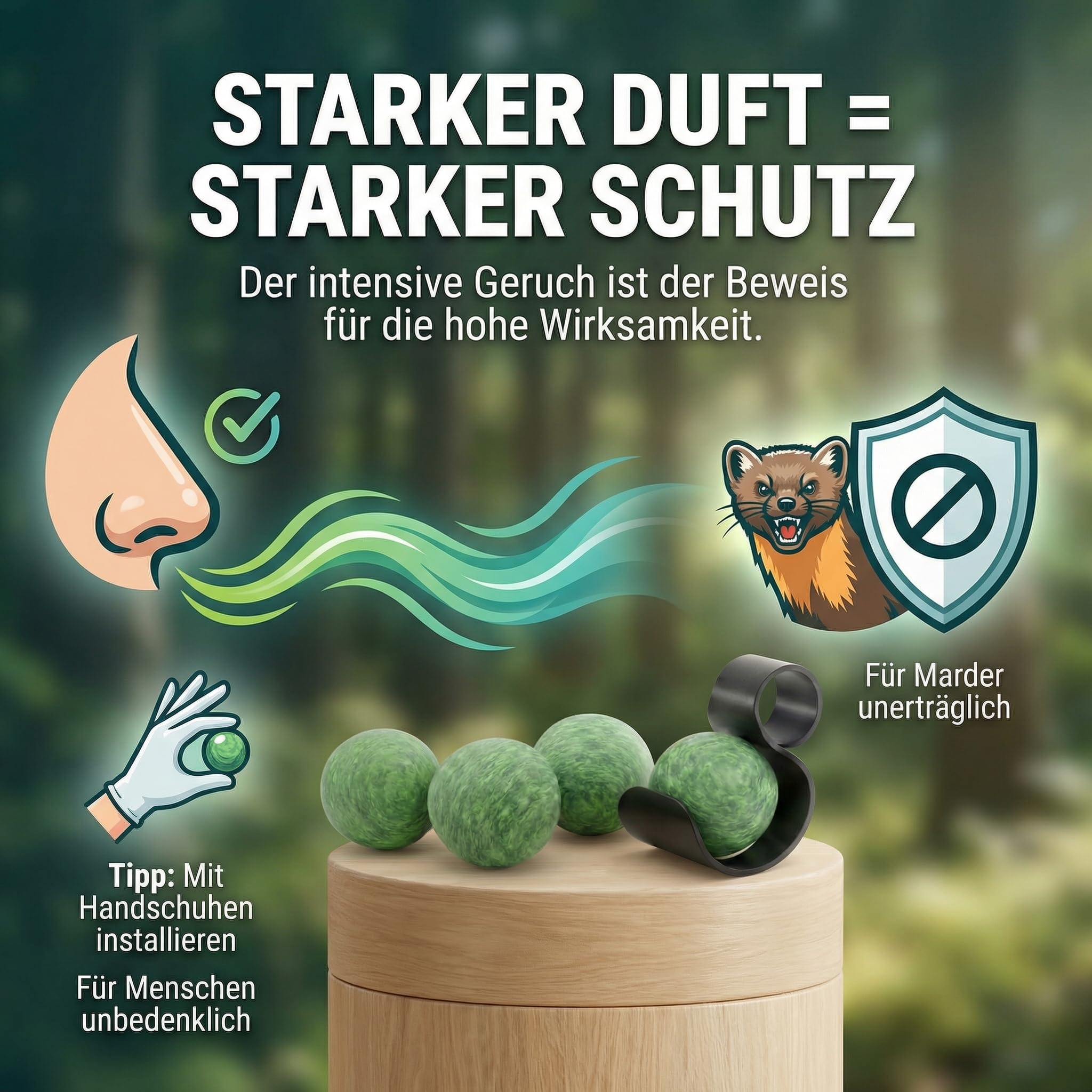 4X Marderabwehr Duftkugeln inkl PKW-Halterung - Effektiver Marderschreck Auto - Langanhaltender Marderschutz für Auto und Umgebung - Marderschreck aus Deutschland