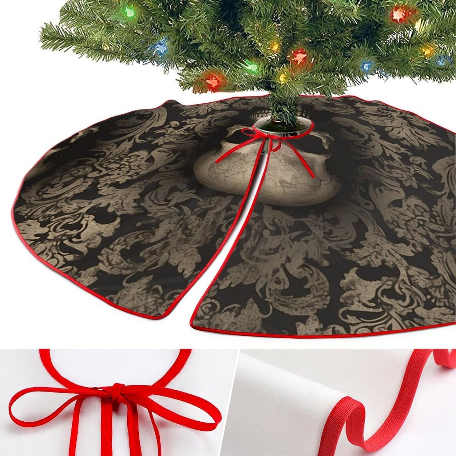 Christmas Tree Skirt,for Xmas Tree Holiday Party Decorations Gothic Wallpaper Skull Printed Christmas Tree Mat Red Lace-up Christmas Tree Dress