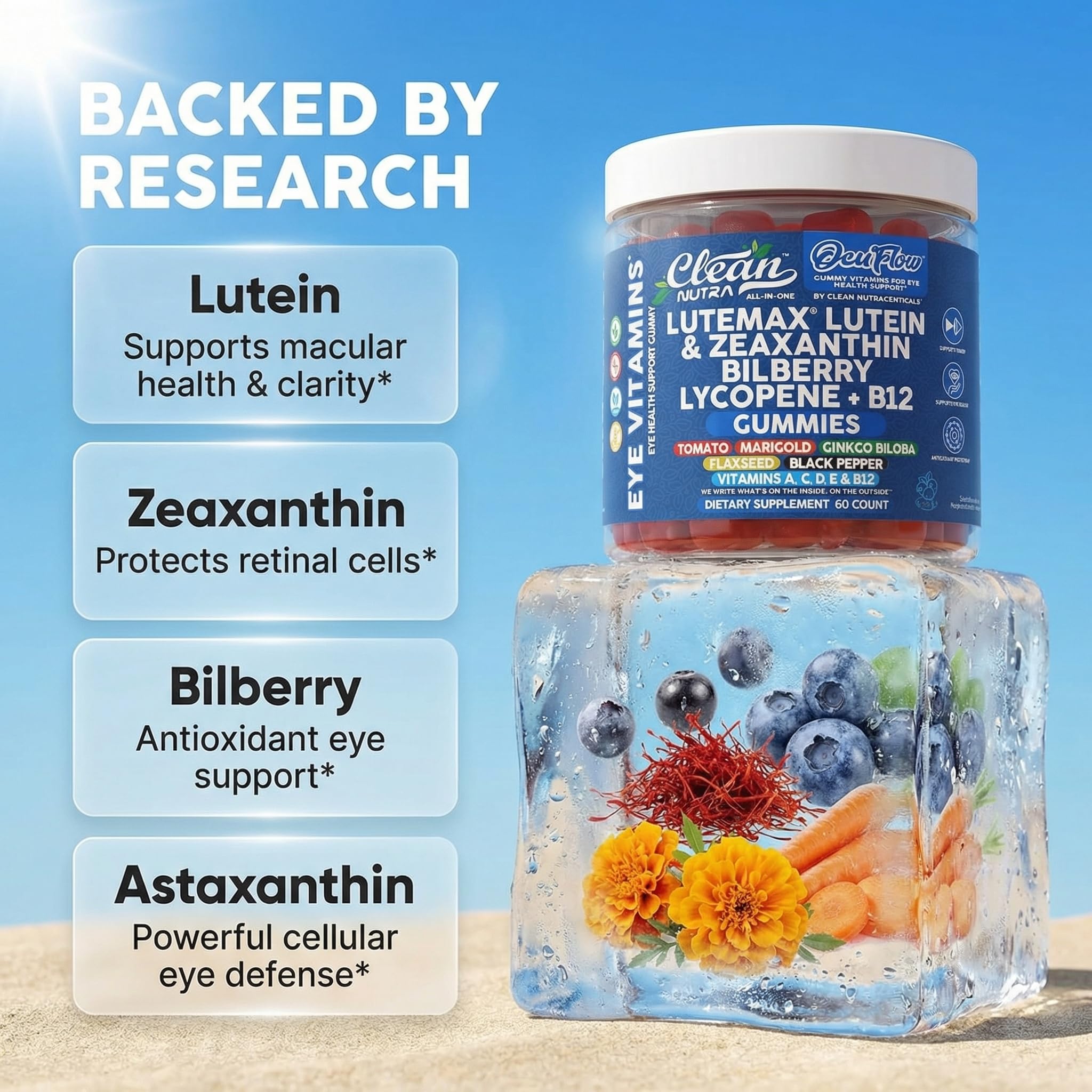 Clean Nutra Lutein and Zeaxanthin Eye Vitamins Gummies + Bilberry for Eyes Vision Support Ginkgo Biloba Marigold, Vitamin B12 Flaxseed Black Pepper CoQ10 Vitamin A l 60 Count B OcuFlow — Amazon image 3